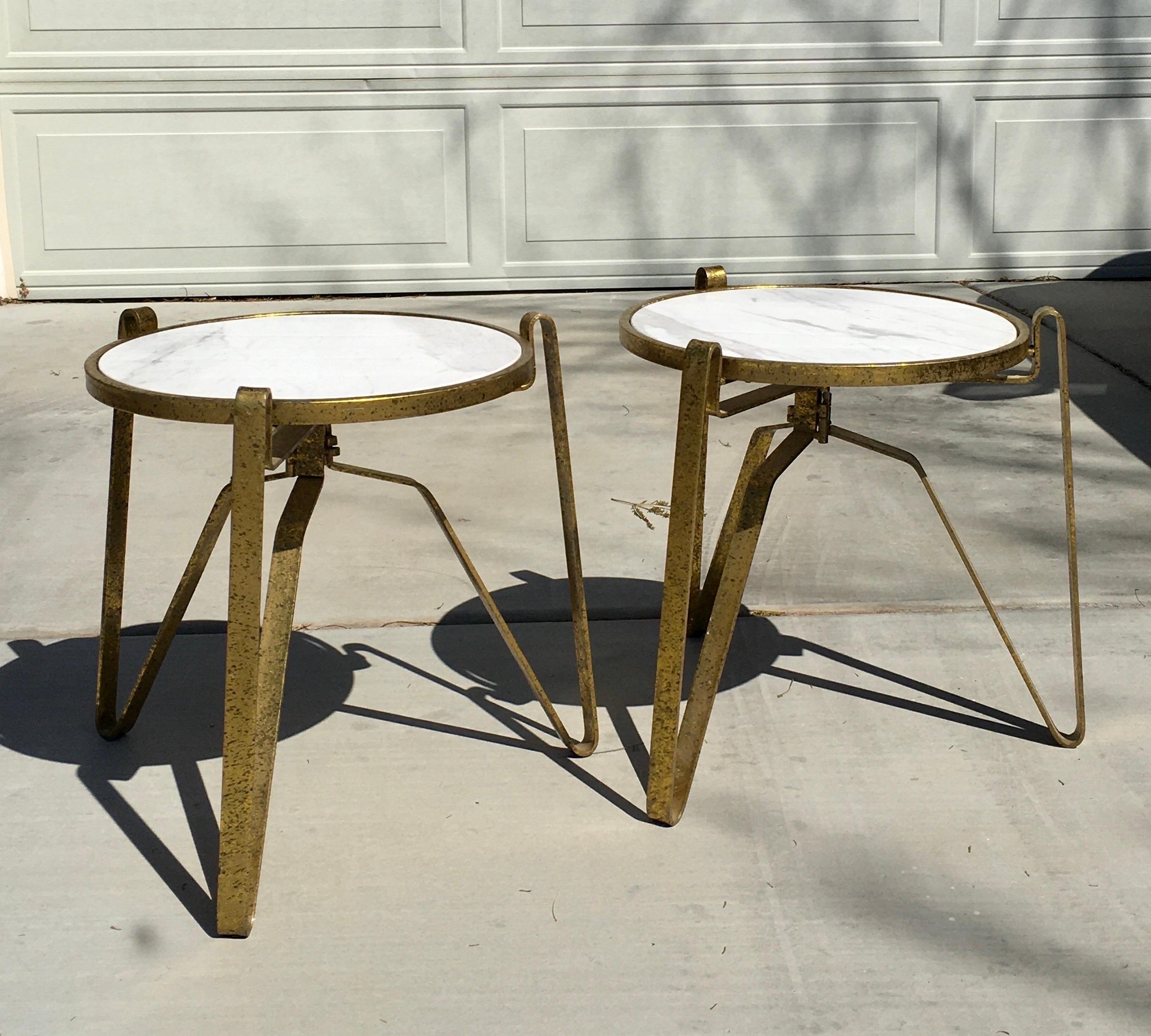 Mid-Century Modern Pair of Italian Modernist Style Marble and Gold Leaf Metal Side Tables