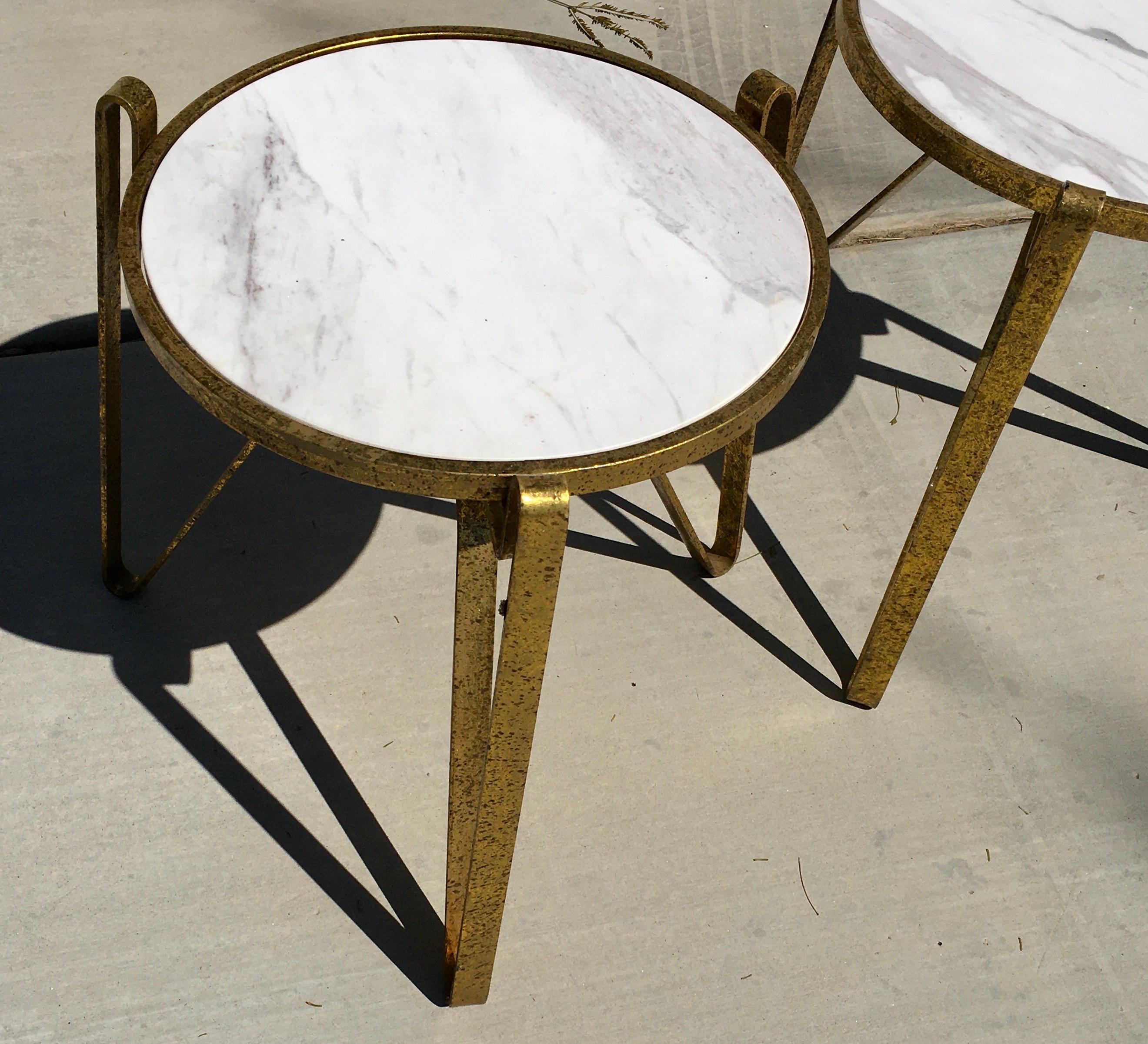 Unknown Pair of Italian Modernist Style Marble and Gold Leaf Metal Side Tables