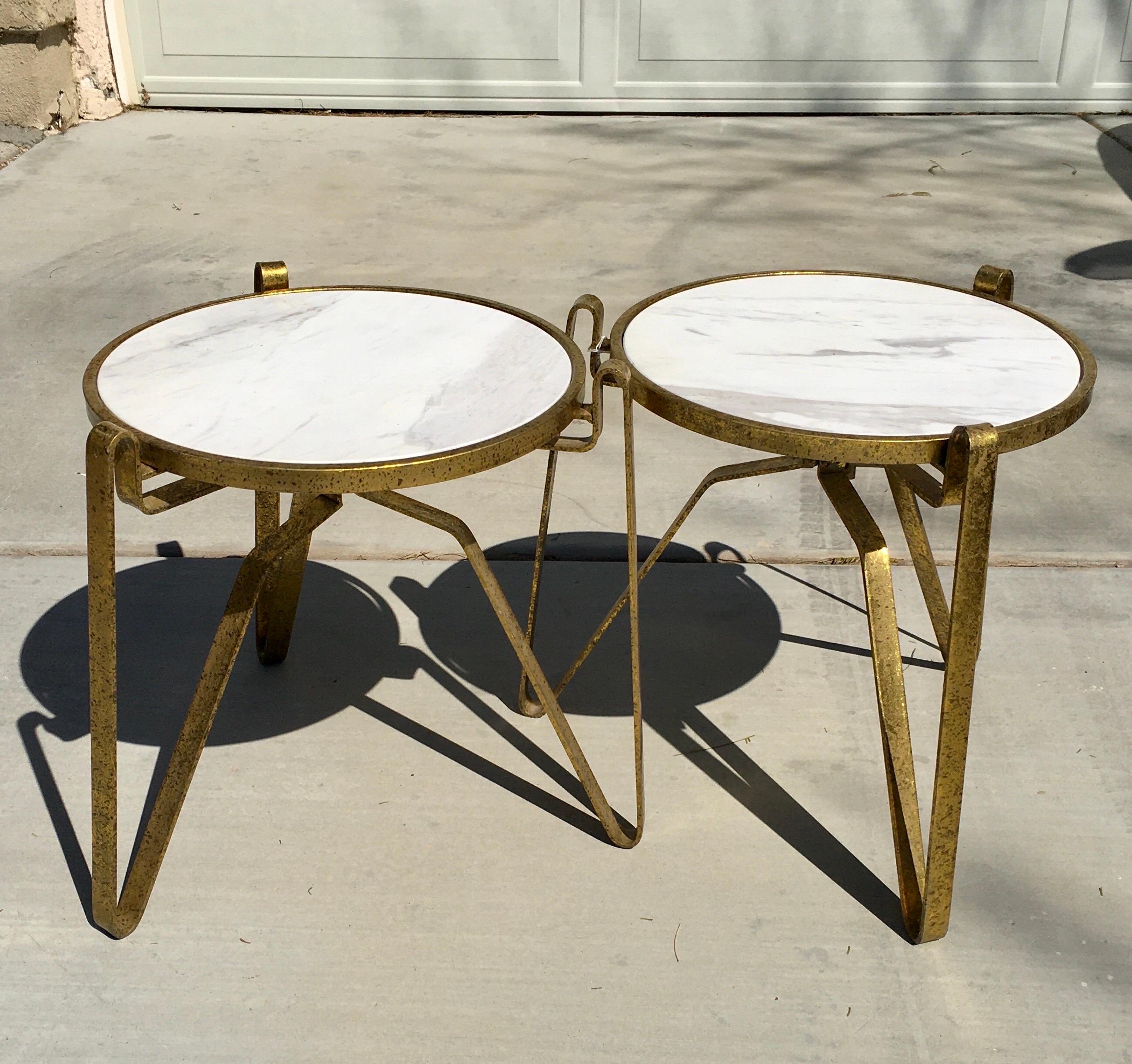 Hand-Crafted Pair of Italian Modernist Style Marble and Gold Leaf Metal Side Tables