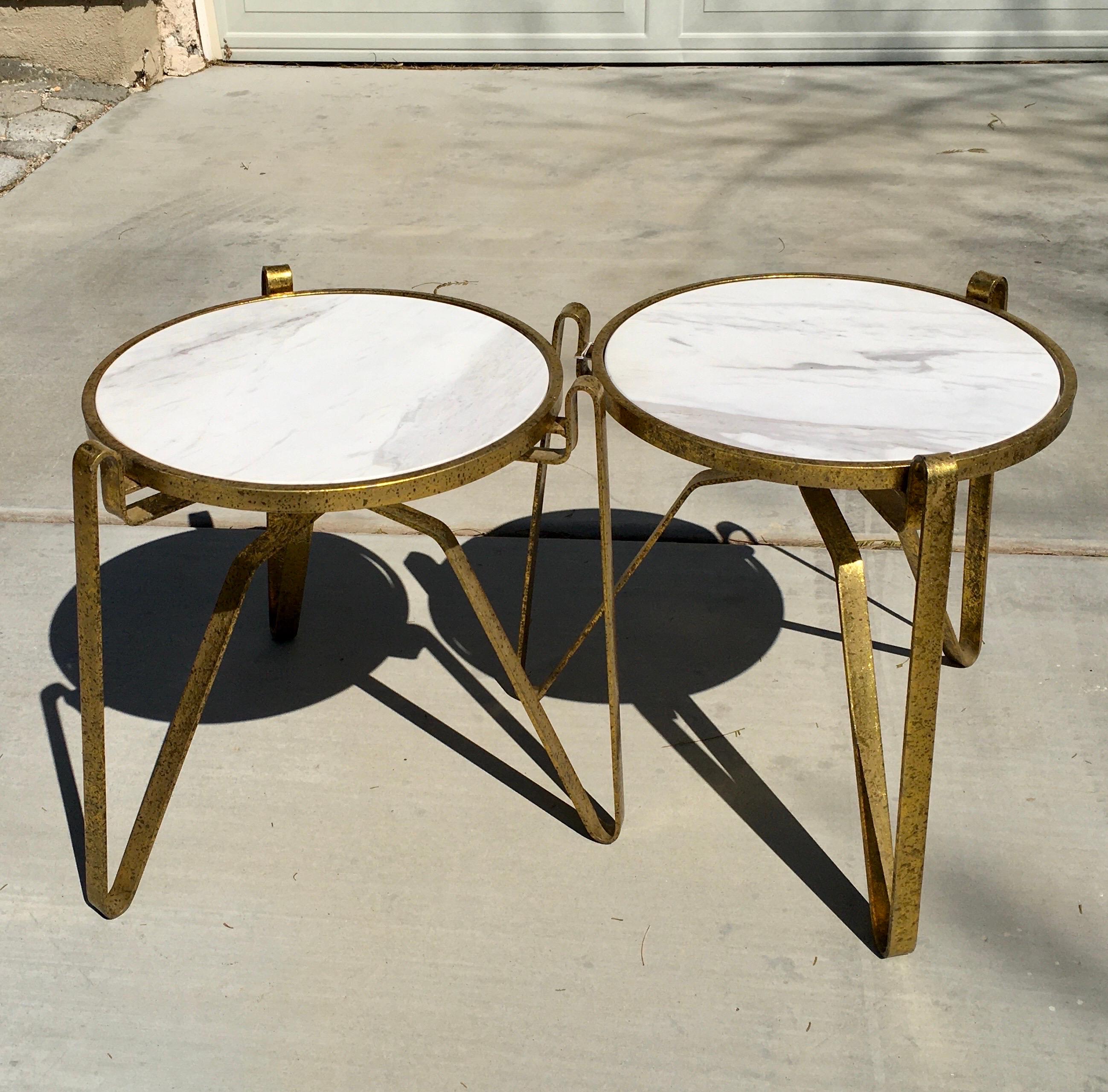 Contemporary Pair of Italian Modernist Style Marble and Gold Leaf Metal Side Tables