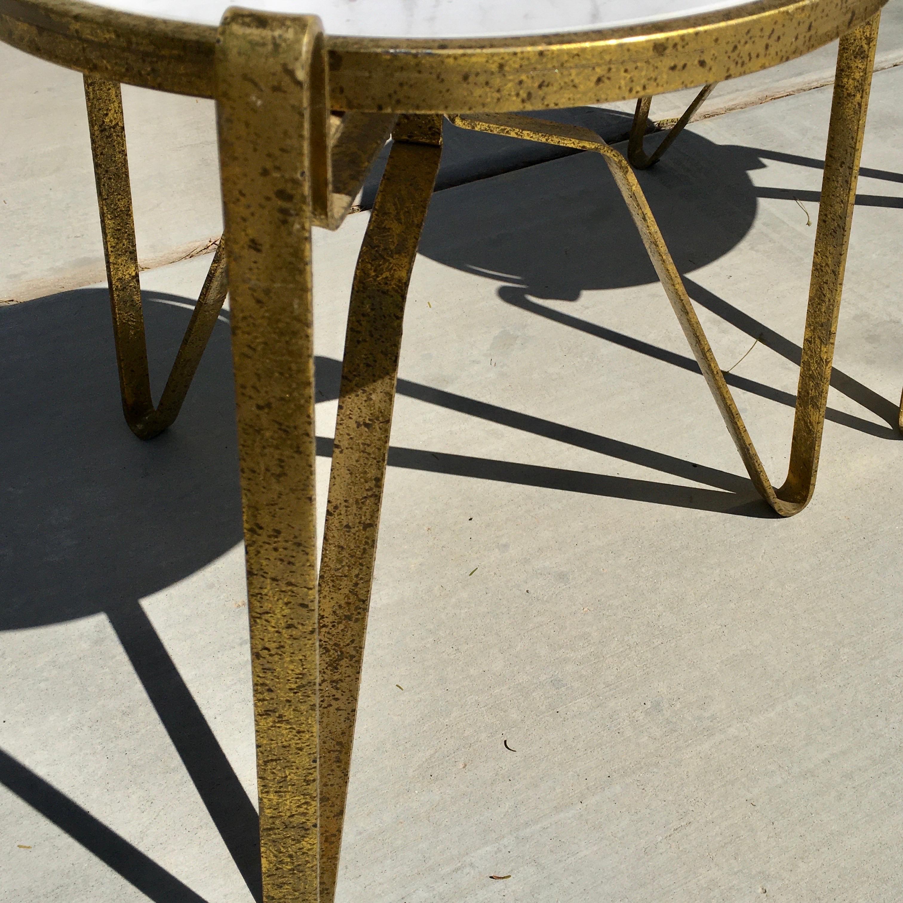 Carrara Marble Pair of Italian Modernist Style Marble and Gold Leaf Metal Side Tables