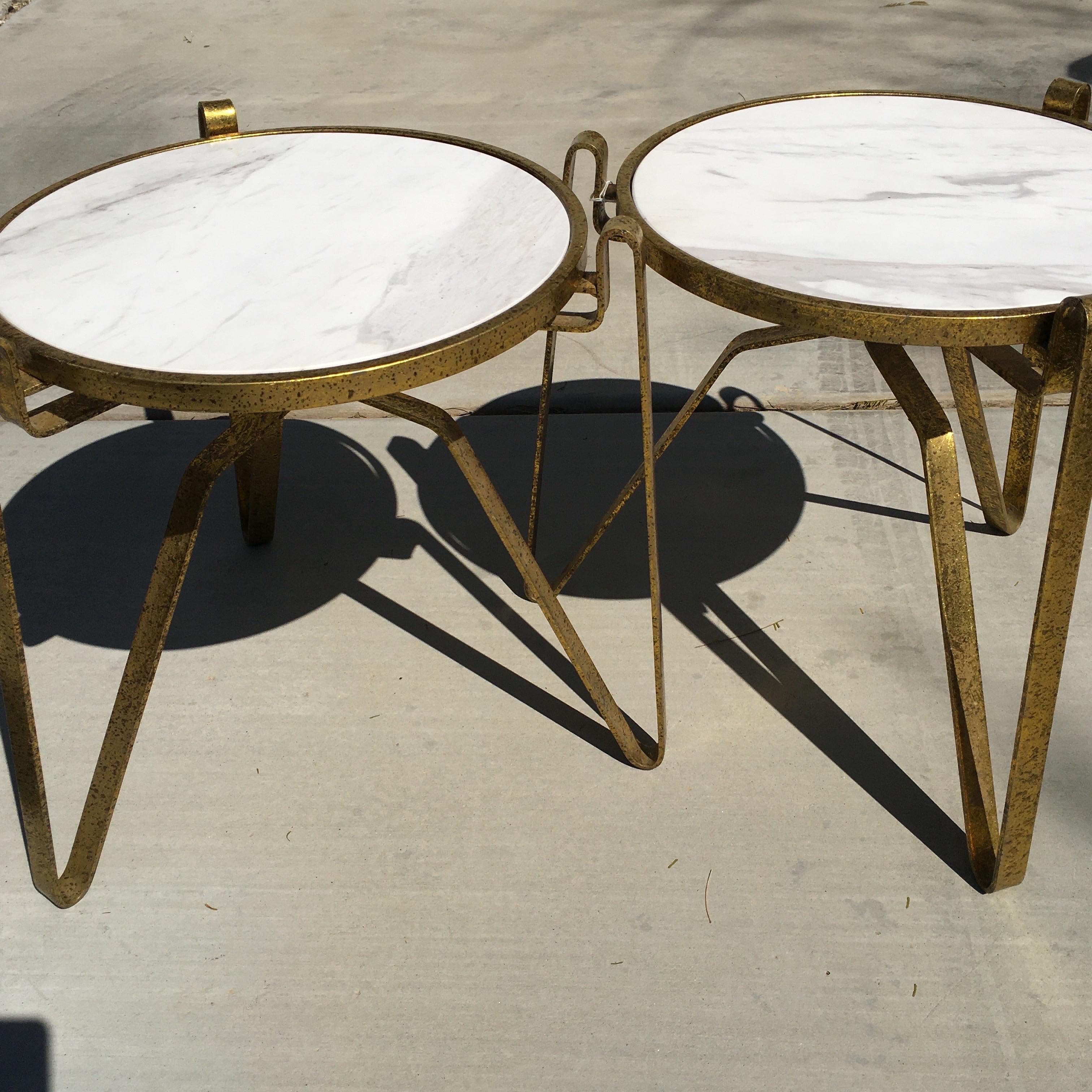 Pair of Italian Modernist Style Marble and Gold Leaf Metal Side Tables 1