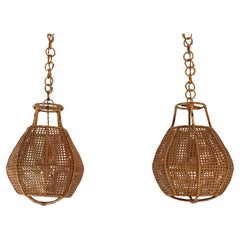 Pair of Italian Modernist Wicker Wire Rattan Globe Pendants / Hanging Lights