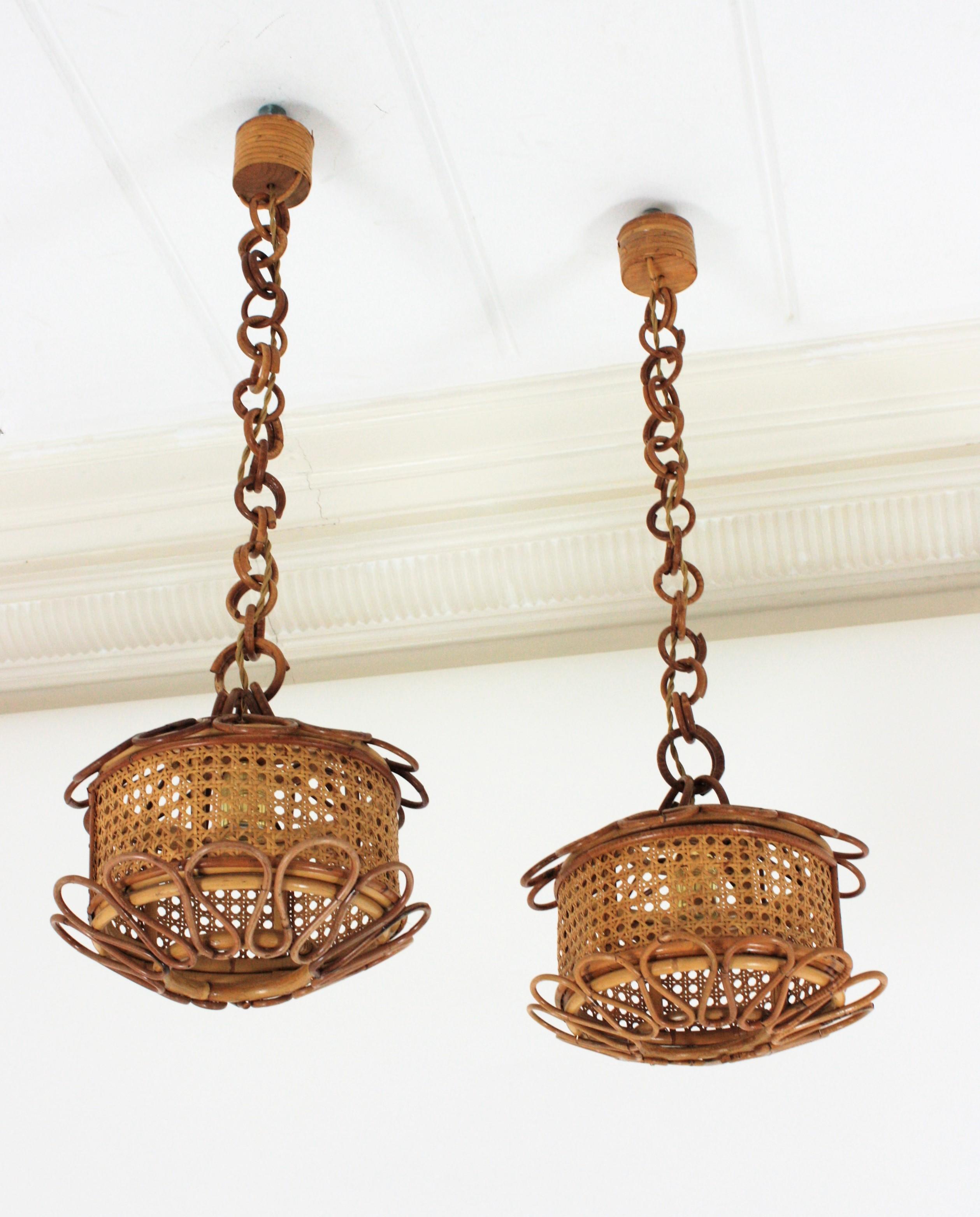 Pair of Italian Modernist Wicker Wire & Rattan Pendants / Hanging Lights, 1950s 4