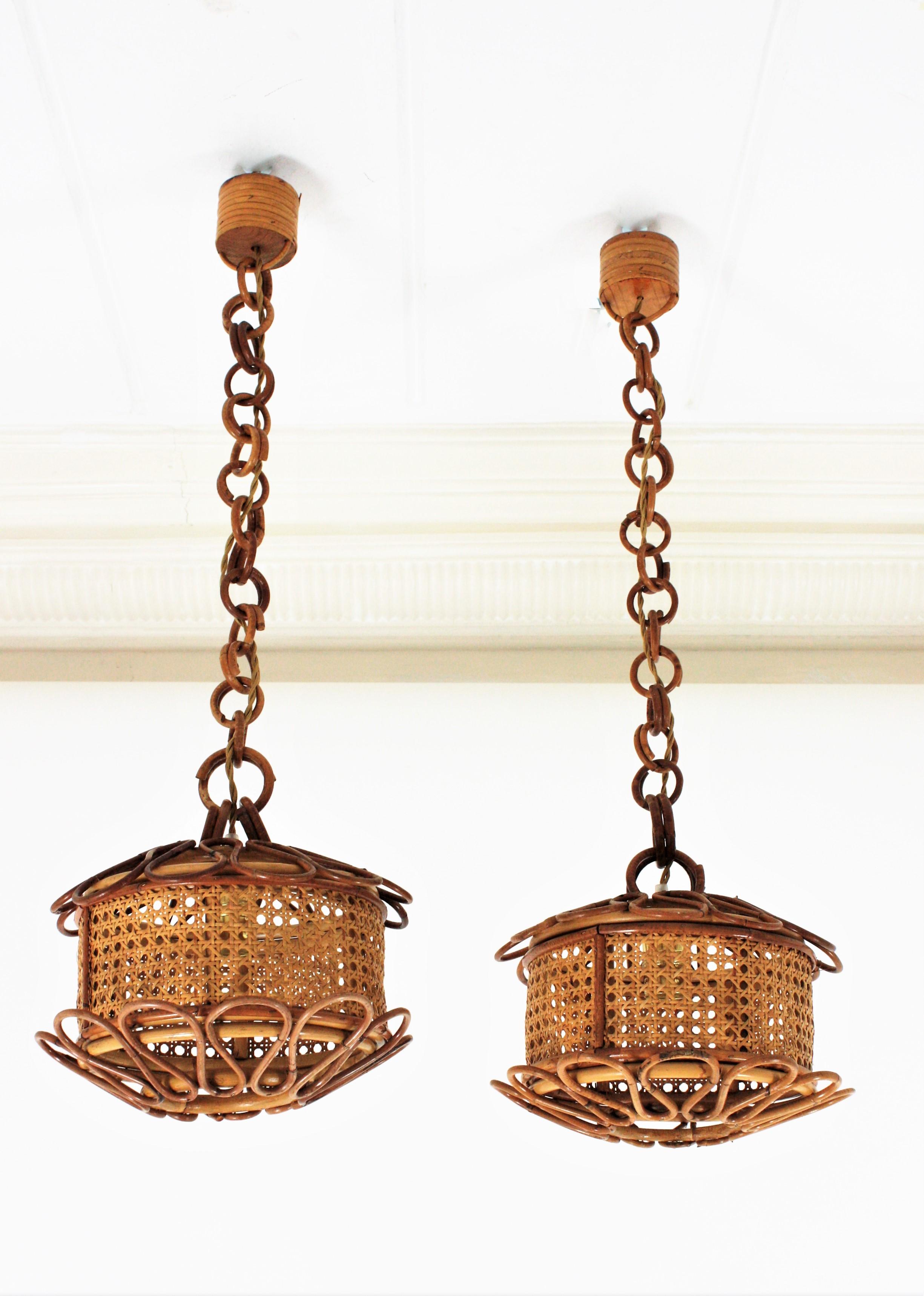 Pair of Italian Modernist Wicker Wire & Rattan Pendants / Hanging Lights, 1950s 5