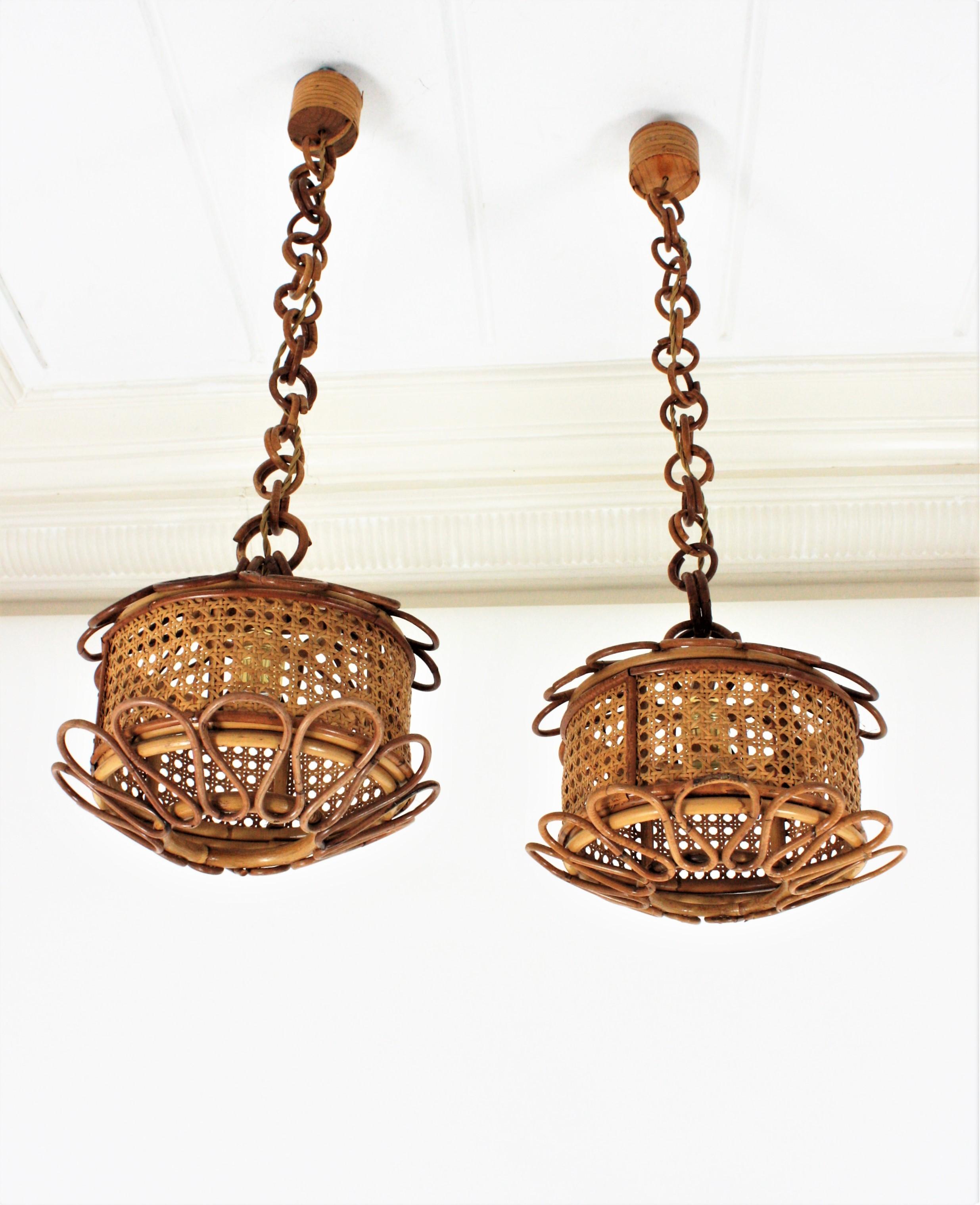 Pair of Italian Modernist Wicker Wire & Rattan Pendants / Hanging Lights, 1950s 8