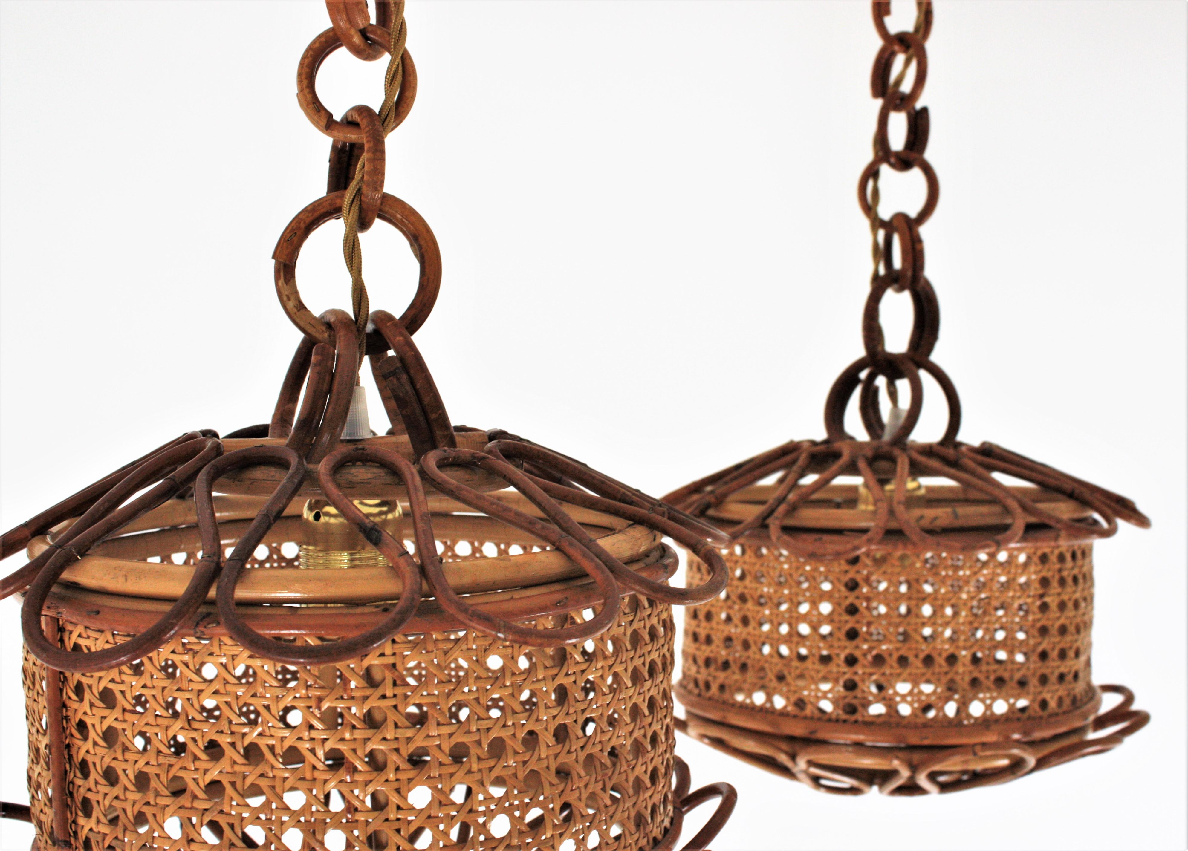 Pair of Italian Modernist Wicker Wire & Rattan Pendants / Hanging Lights, 1950s 10