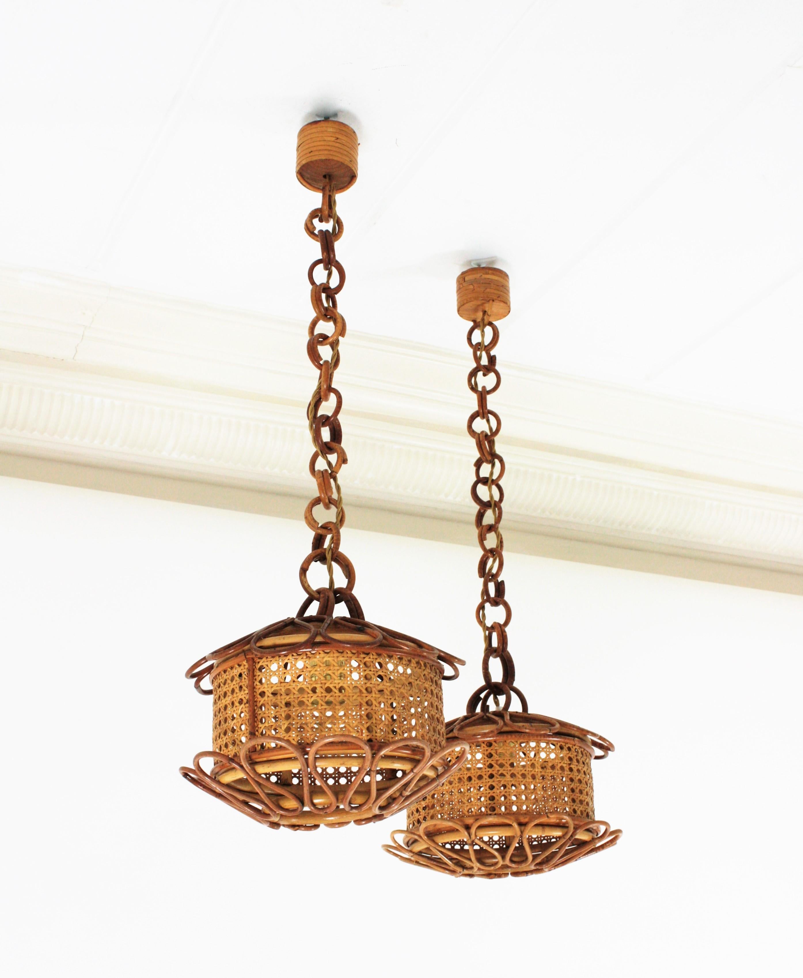 Pair of Italian Modernist Wicker Wire & Rattan Pendants / Hanging Lights, 1950s 14