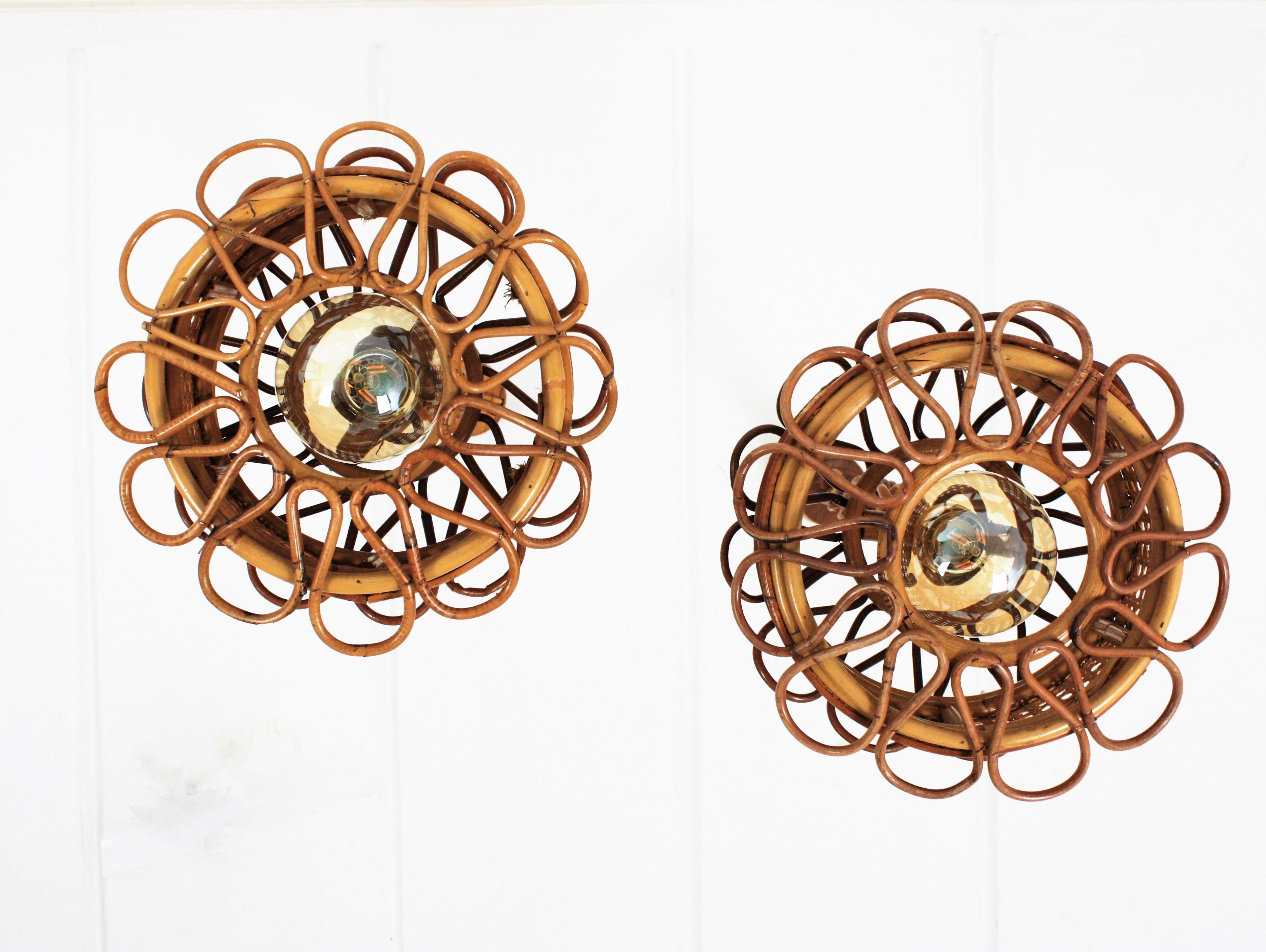Pair of Italian Modernist Wicker Wire & Rattan Pendants / Hanging Lights, 1950s 1