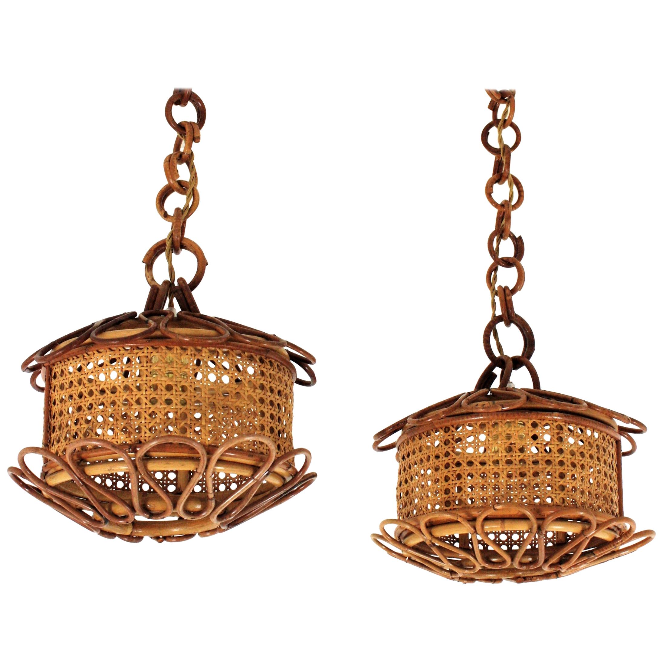 Pair of Italian Modernist Wicker Wire & Rattan Pendants / Hanging Lights, 1950s