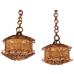 Vintage Pair of Italian Modernist Wicker Wire & Rattan Pendants / Hanging Lights, 1950s