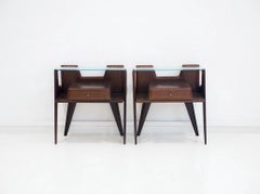 Pair of Italian Modernist Wooden Bedside Tables with Glass Top