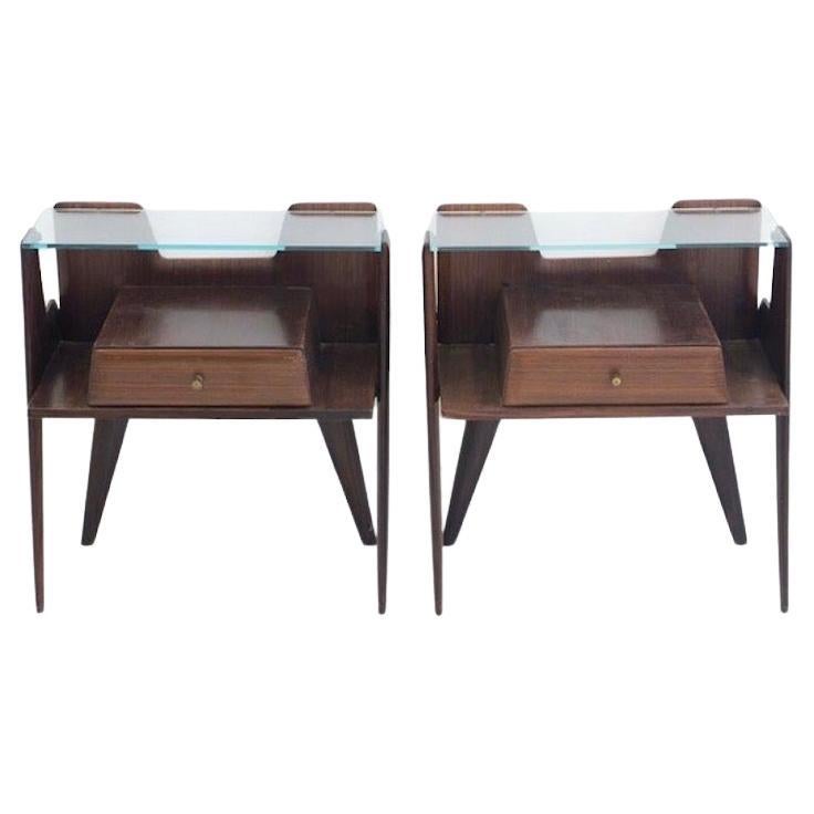 Pair of Italian Modernist Wooden Bedside Tables with Glass Top For Sale
