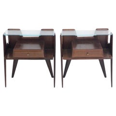Vintage Pair of Italian Modernist Wooden Bedside Tables with Glass Top