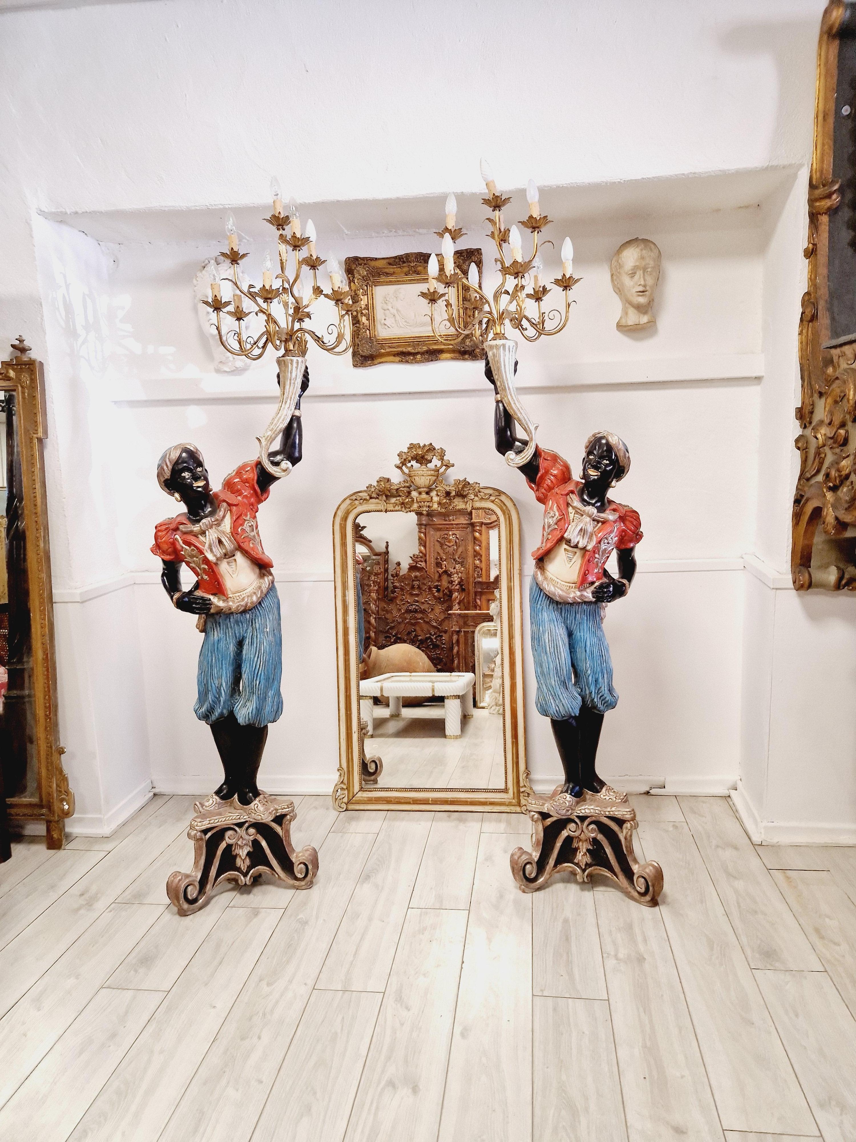 Pair of Italian Moor Floor Lamps Polychromed Wood 5
