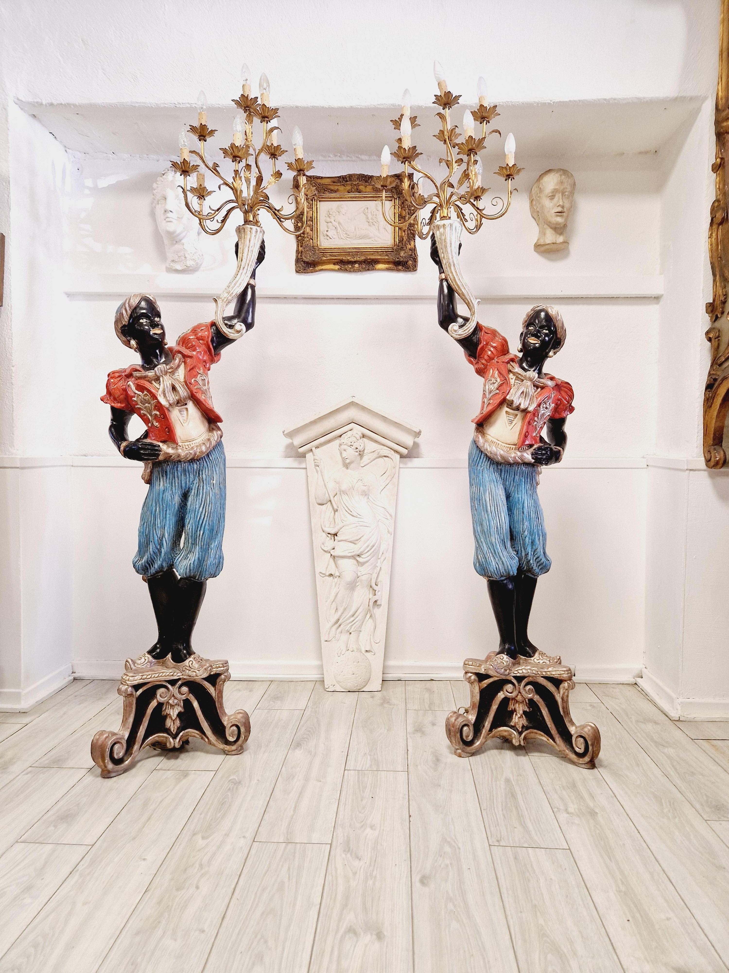 Pair of Italian Moor Floor Lamps Polychromed Wood 9