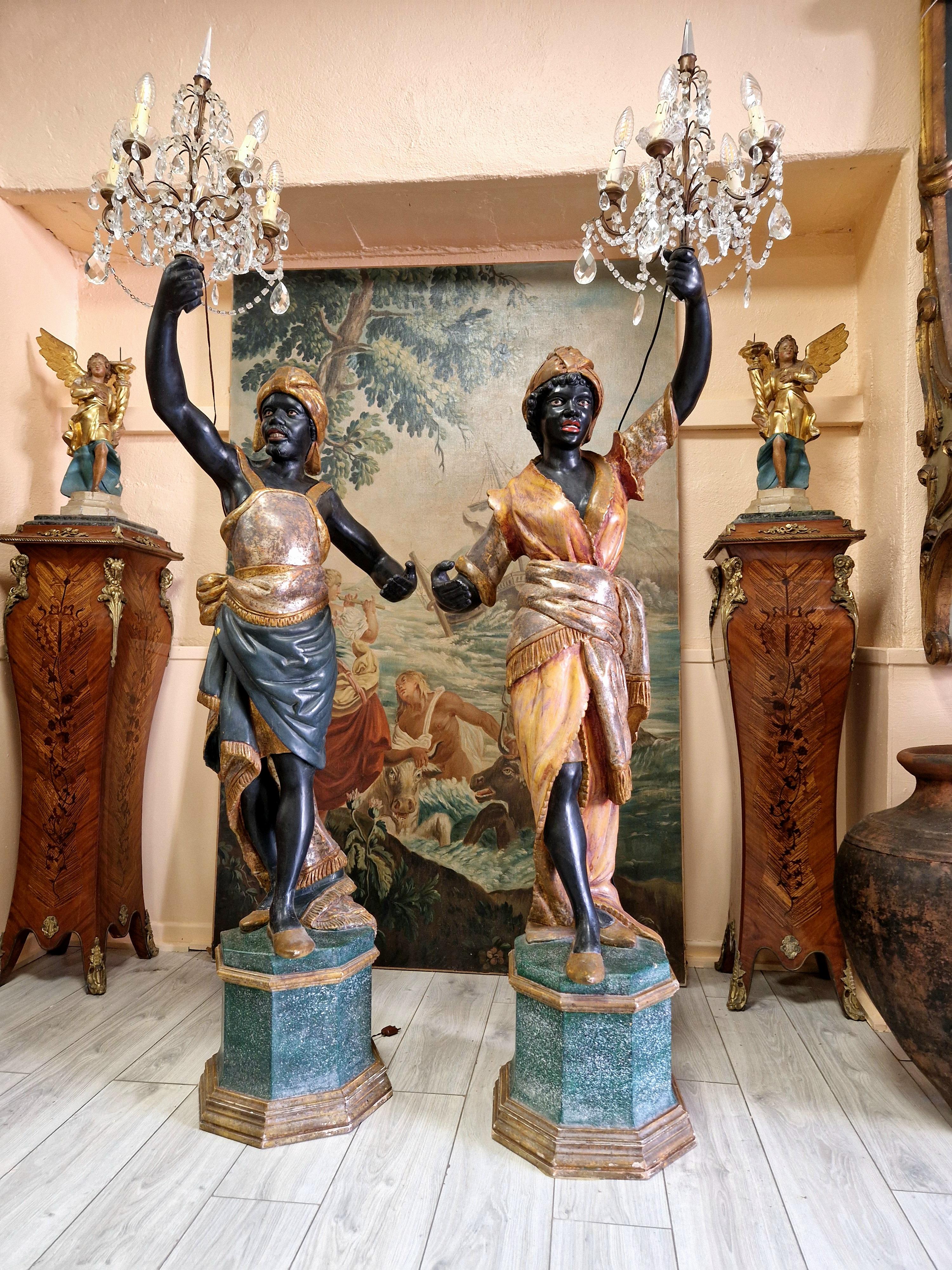Pair of Venetian Floor Lamps Polychromed Wood For Sale 1
