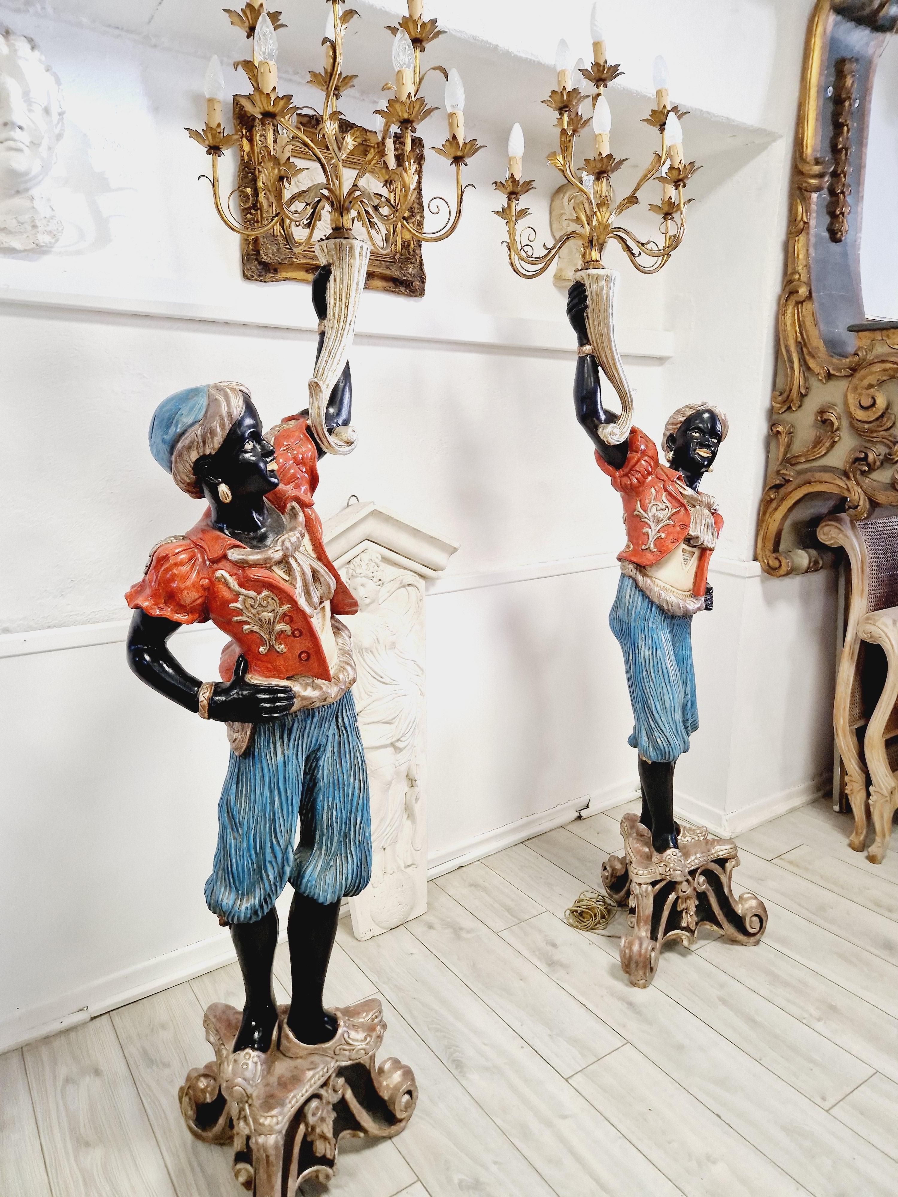 Pair of Italian Moor Floor Lamps Polychromed Wood 3