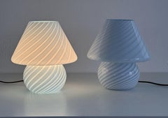Pair of Italian Murano 70s mushroom table lamps in blue swirl glass