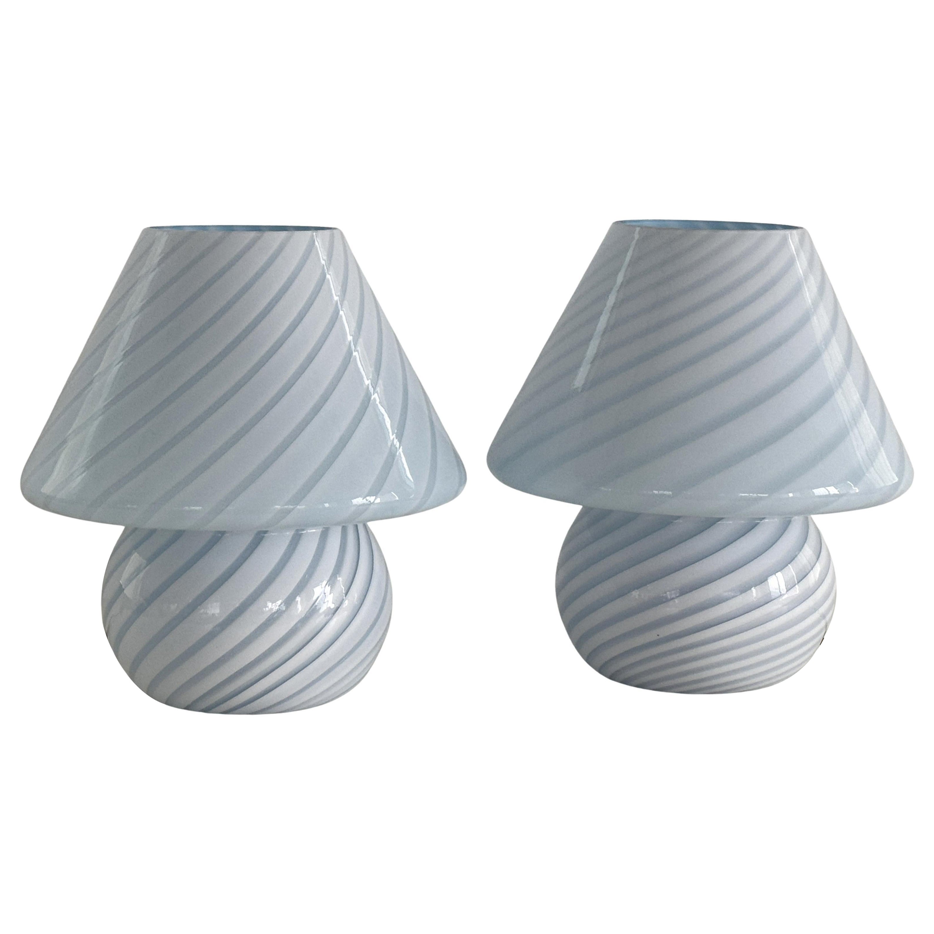 Pair of Italian Murano 70s mushroom table lamps in blue swirl glass