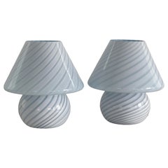 Pair of Italian Murano 70s mushroom table lamps in blue swirl glass