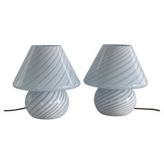 Pair of Italian Murano 70s mushroom table lamps in blue swirl glass