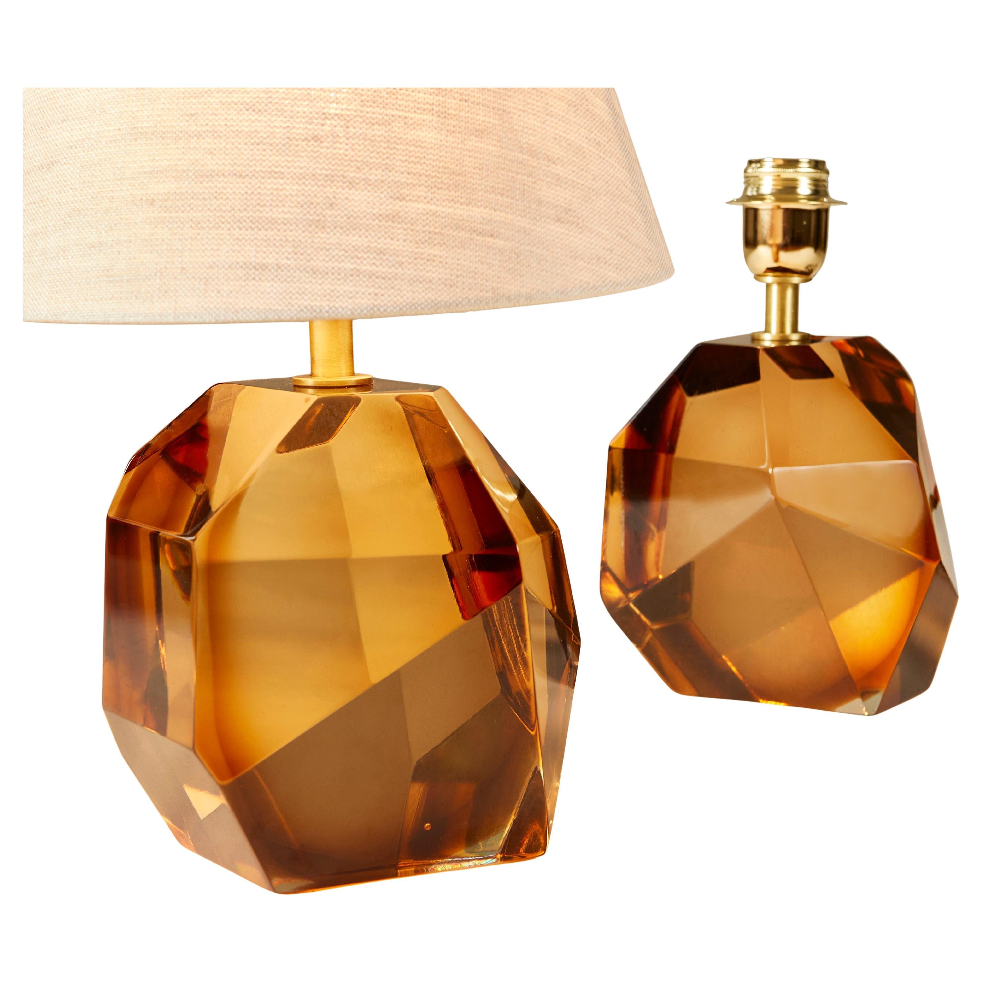 Pair of Italian Murano Amber Rock Jewel Table Lamps
