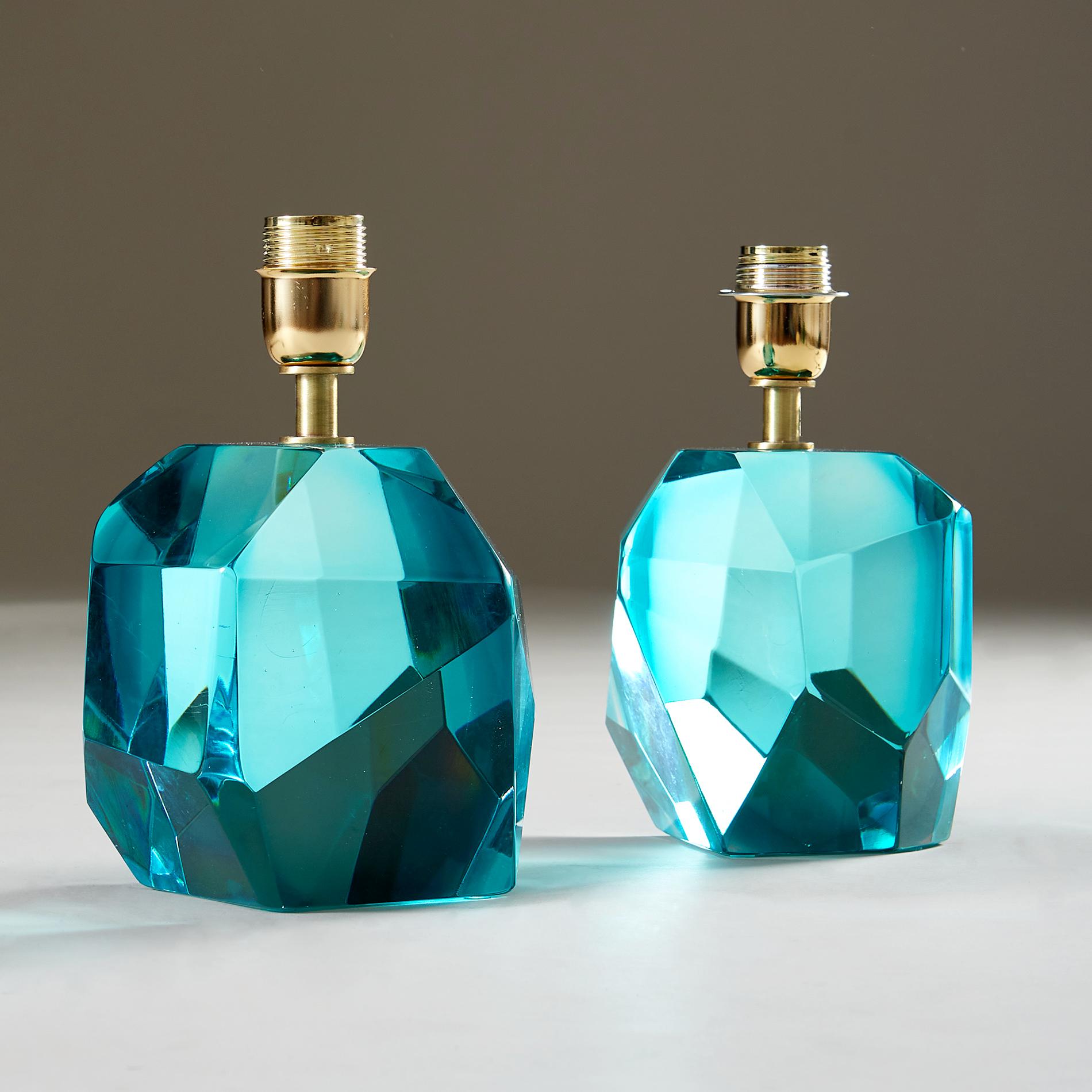 Contemporary handcrafted and hand-polished heavy solid Murano rock jewel lamps in amber. Brass fitting.

Signed 'Murano'.

Also available in emerald green, citrine, bronze, pale pink, colbalt blue, pale pink, turquoise, amber and clear.

12 week