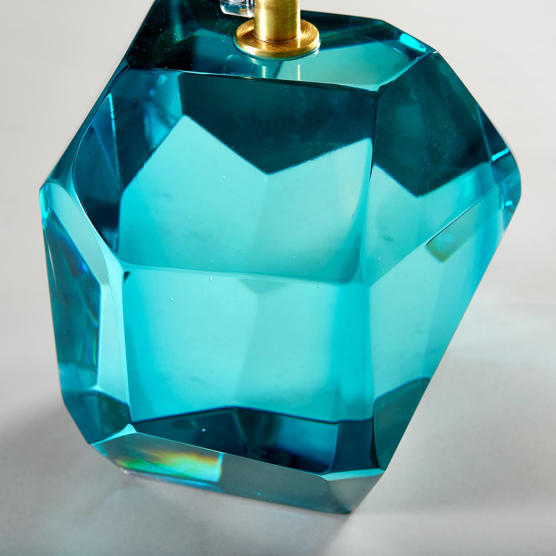 Faceted Pair of Italian Murano Aqua Rock Jewel Table Lamps For Sale