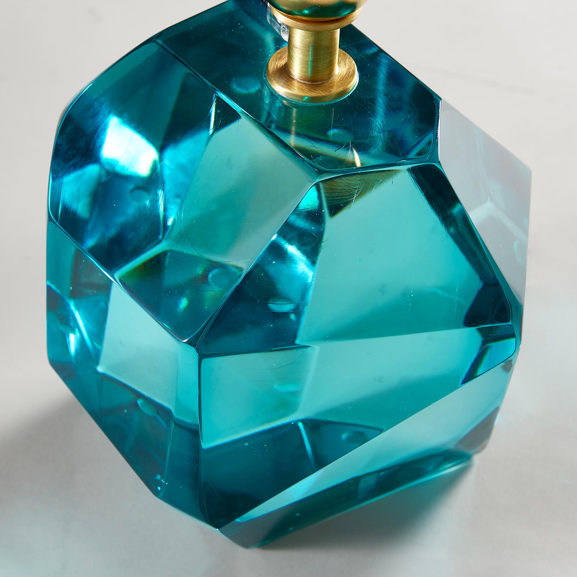 Contemporary Pair of Italian Murano Aqua Rock Jewel Table Lamps For Sale