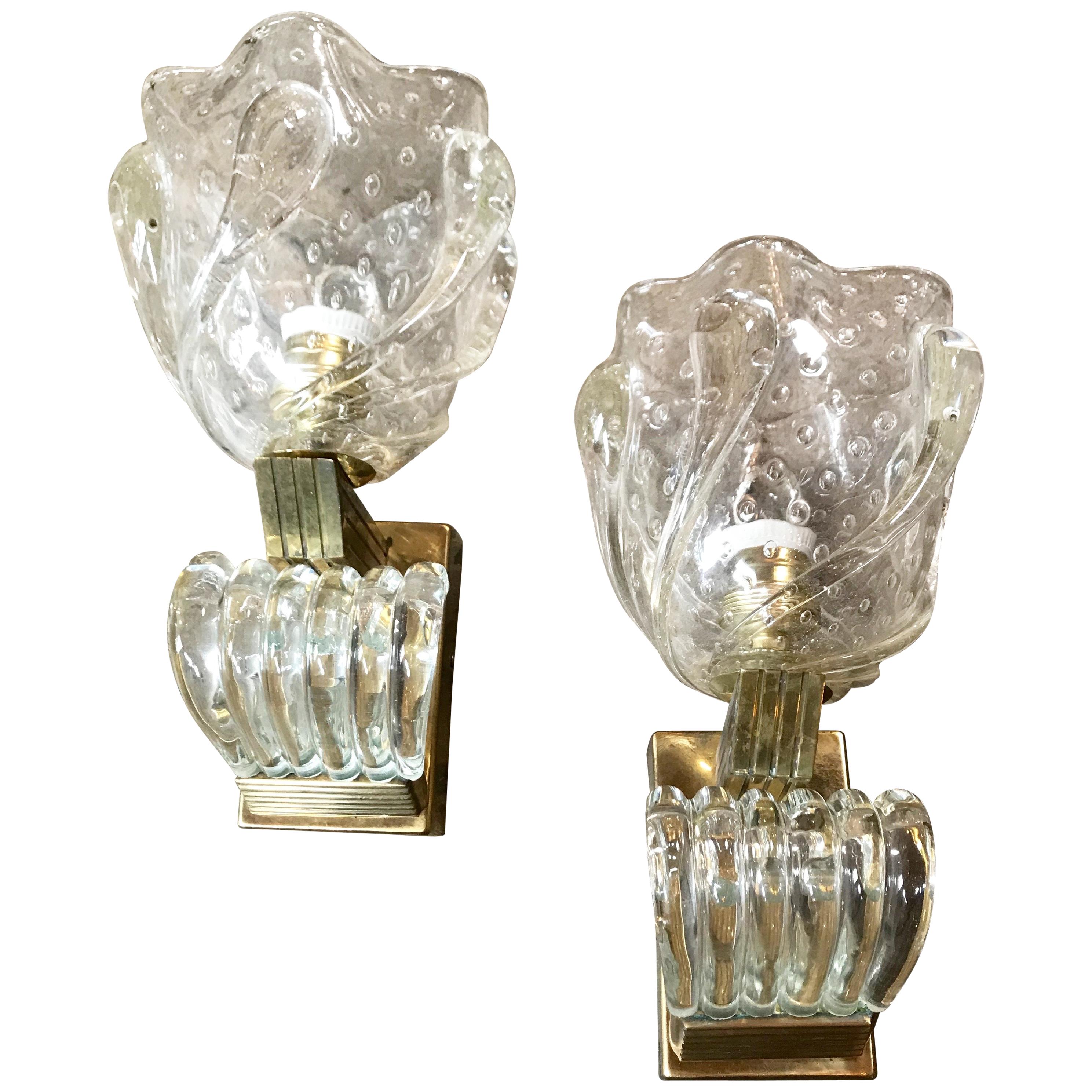 Pair of Italian Murano Art Deco Wall Lights by Ercole Barovier, 1930s