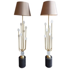Pair of Italian Murano, Brass and Stone Floor Lamps, Mid-Century Modern, 1970s