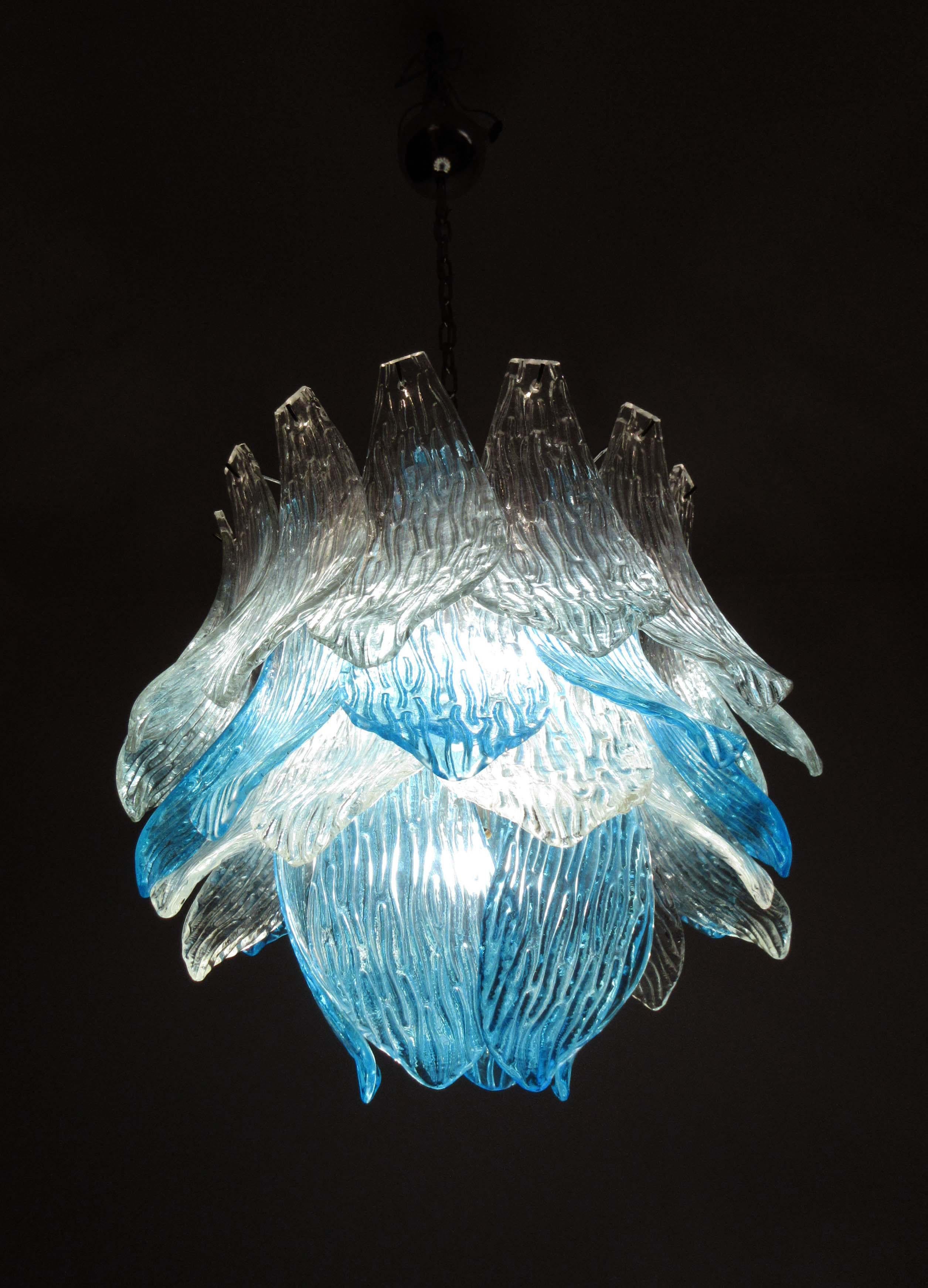 Pair of Italian Murano Chandeliers Blue and Transparent Leaves, Murano, 1980s 3
