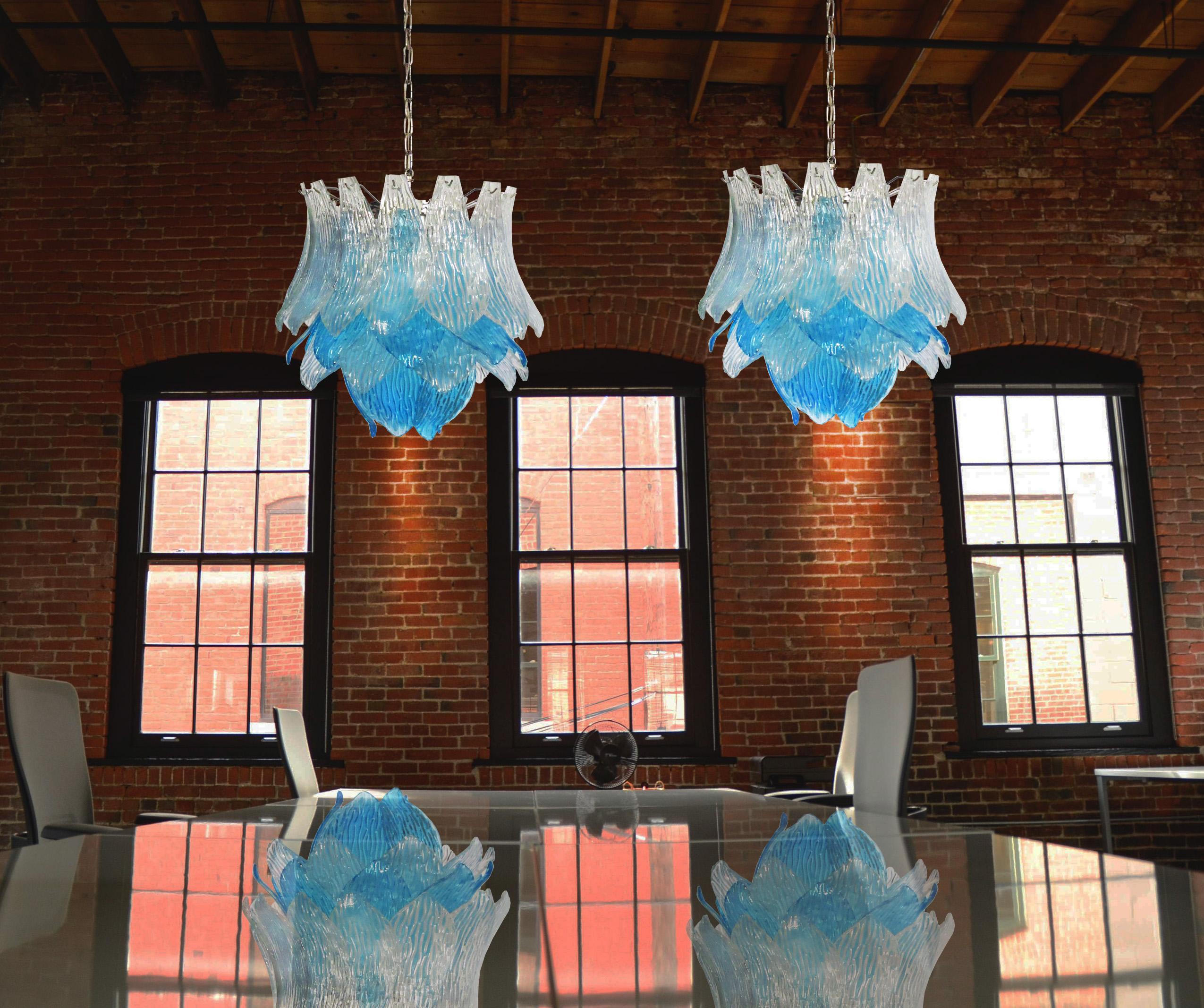 Pair of Italian Murano Chandeliers Blue and Transparent Leaves, Murano, 1980s In Excellent Condition In Budapest, HU