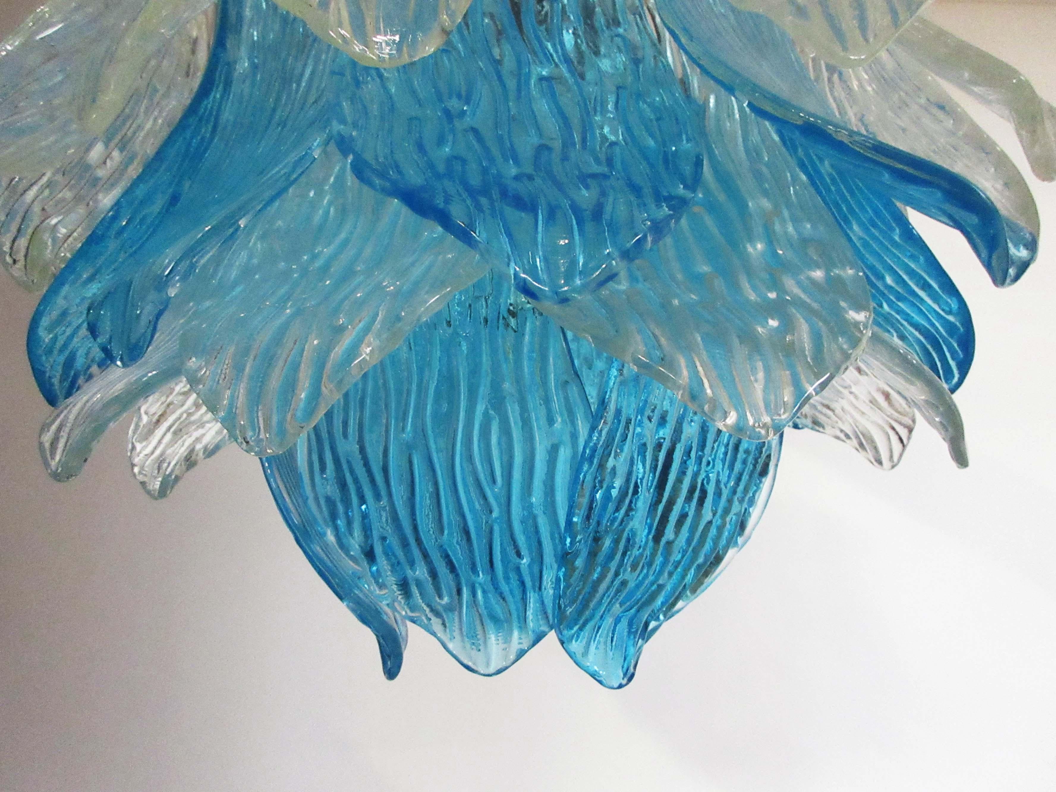 Metal Pair of Italian Murano Chandeliers Blue and Transparent Leaves, Murano, 1980s