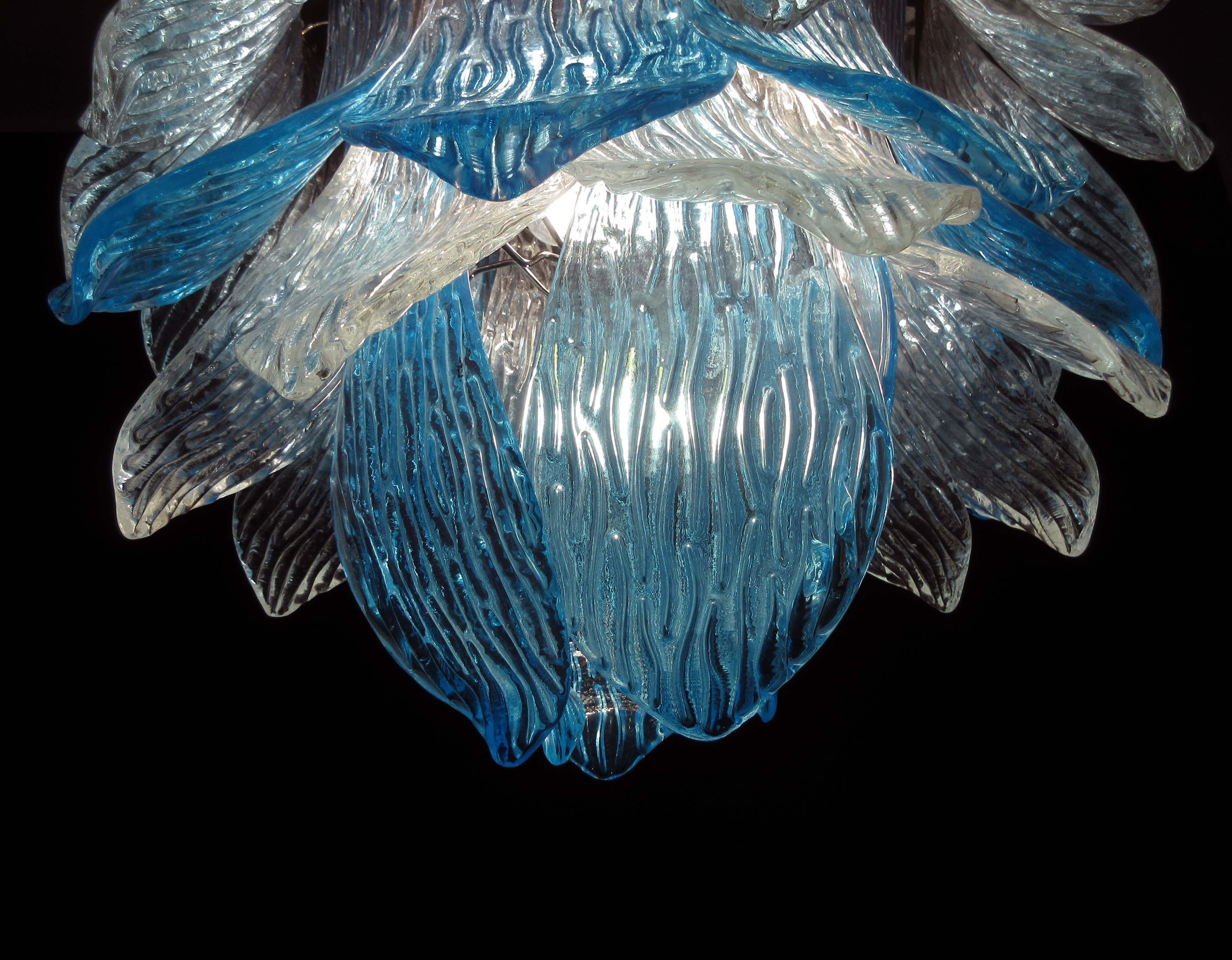 Pair of Italian Murano Chandeliers Blue and Transparent Leaves, Murano, 1980s 1