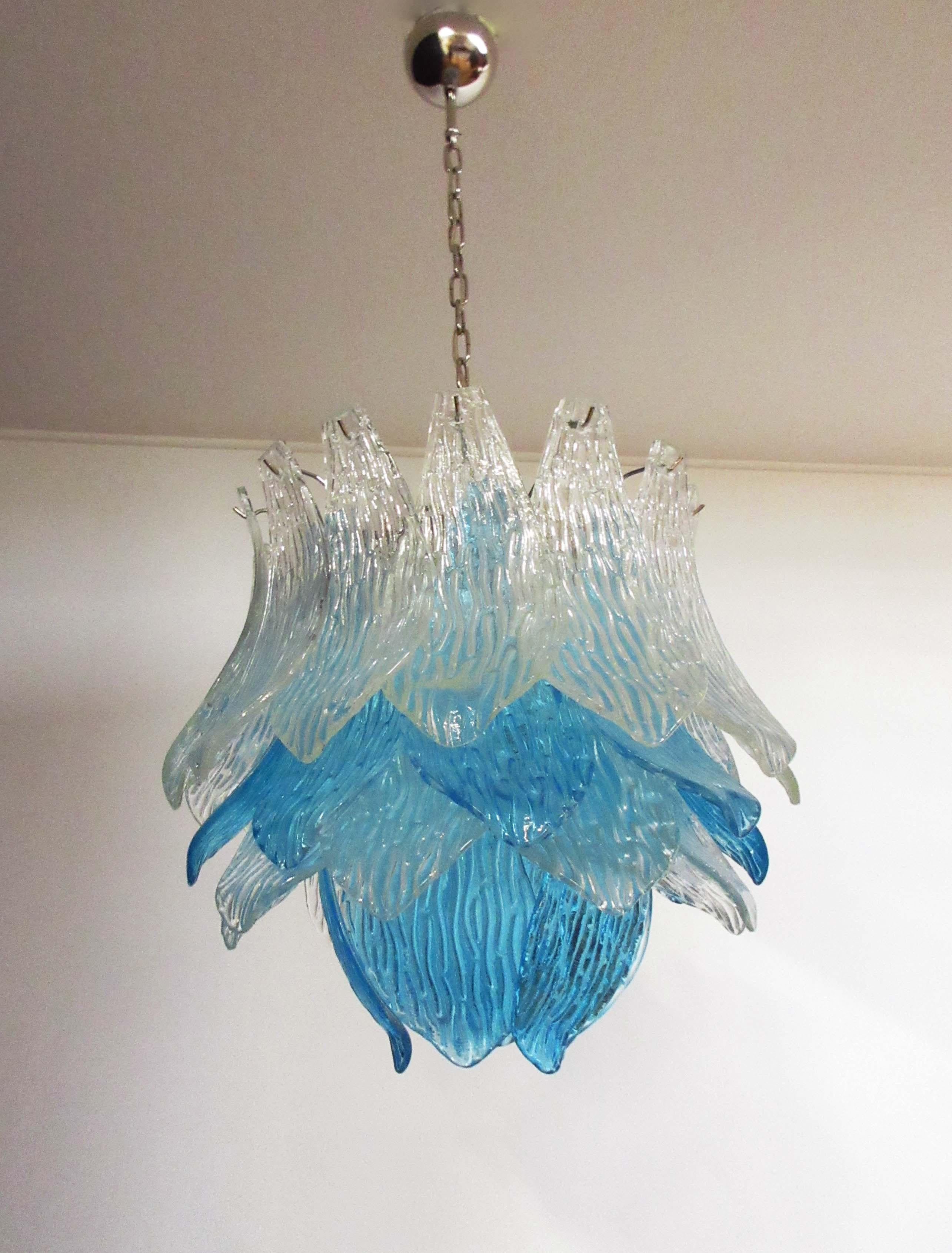 Pair of Italian Murano Chandeliers Blue and Transparent Leaves, Murano, 1980s 2