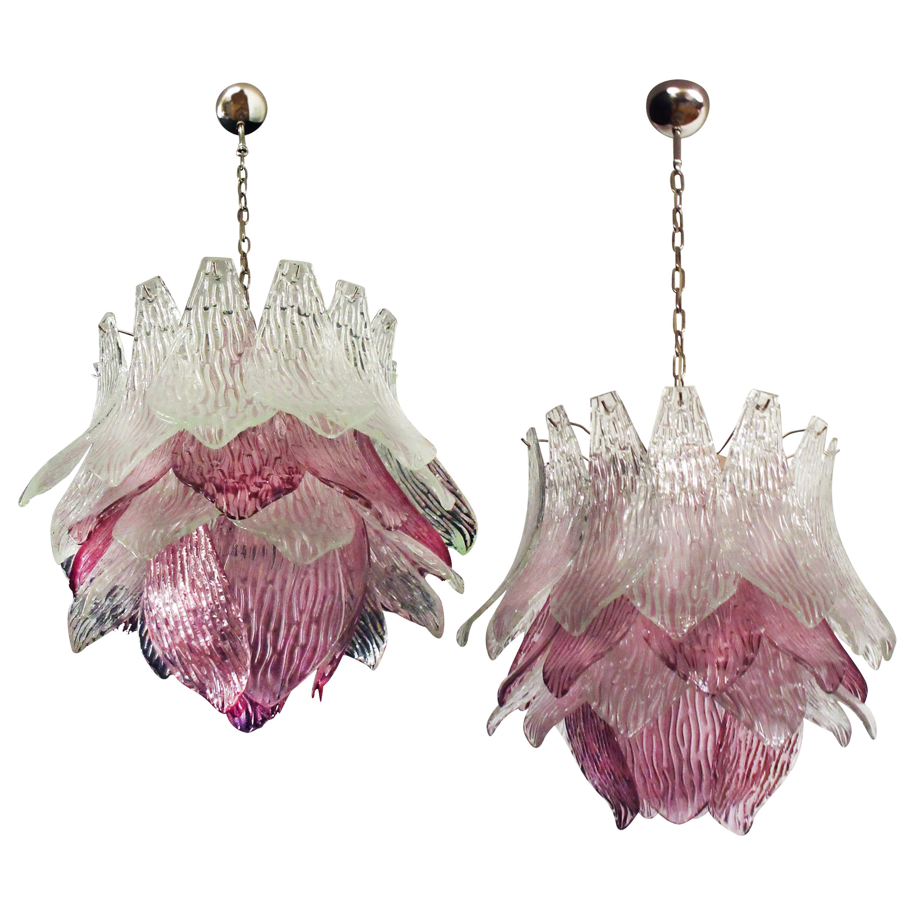 Pair of Italian Murano Chandeliers Transparent and Amethyst Glasses, Murano, 1 For Sale