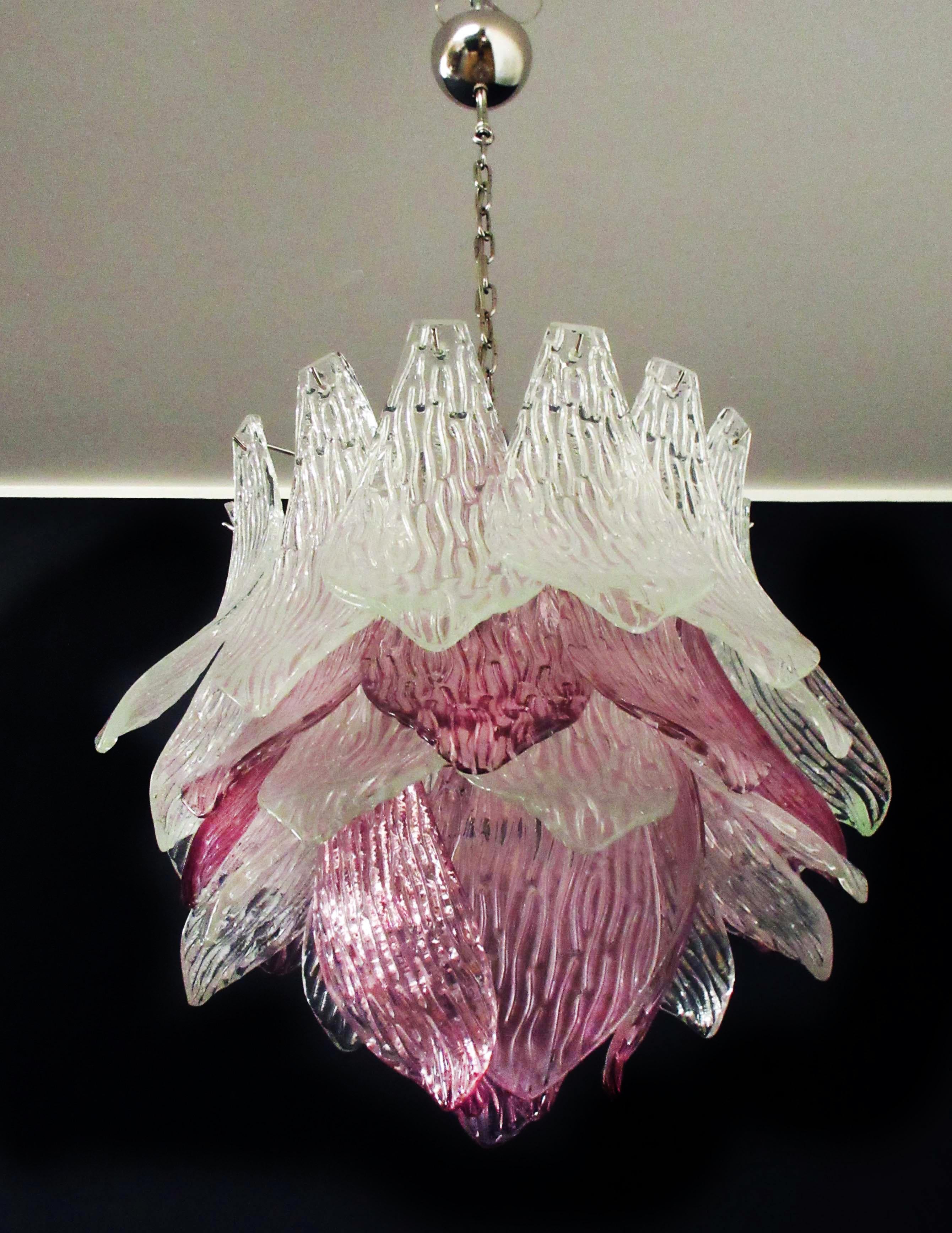 European Pair of Italian Murano Chandeliers Transparent and Amethyst Glasses, Murano, 1 For Sale