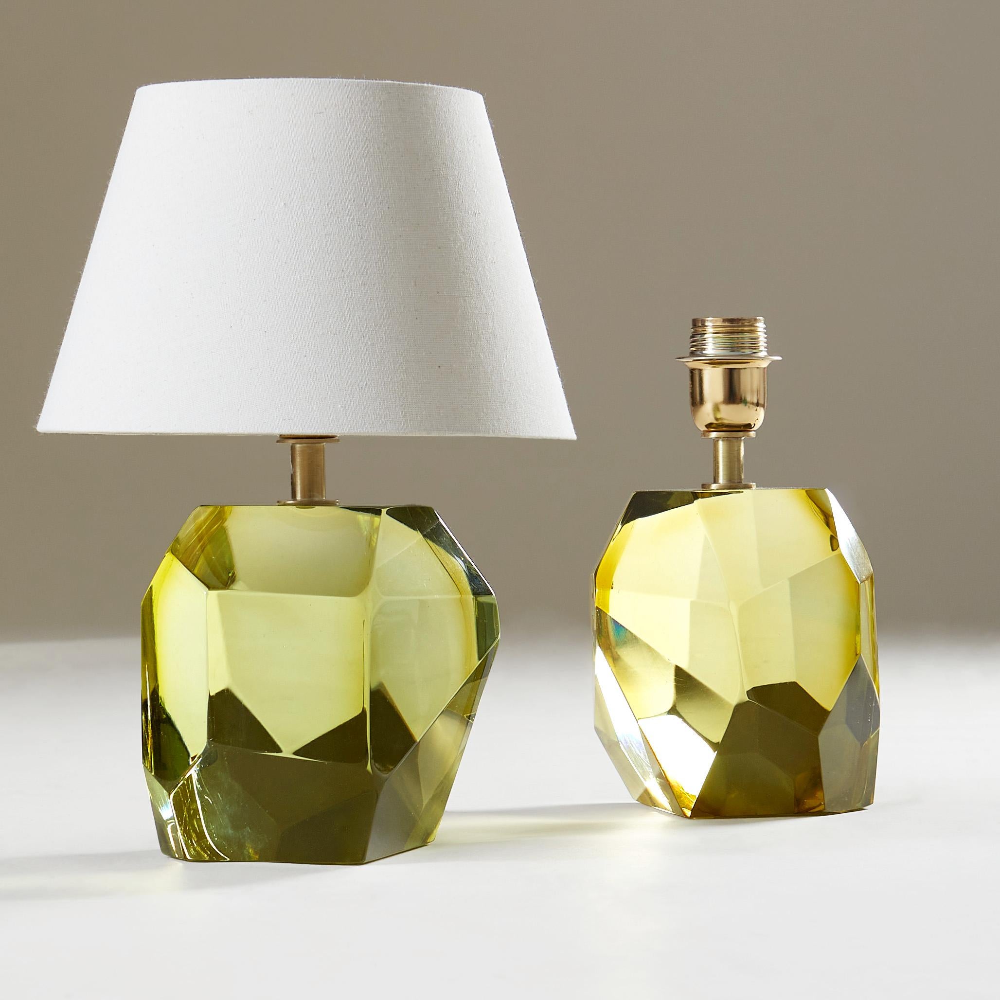 Contemporary hand-crafted and hand-polished pair of heavy solid Murano 'rock' lamp with brass fitting.

Signed 'Murano'.

Also available in emerald, amber, turquoise, bronze and clear.

Also sold individually.

4 week lead-time if not in