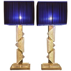 Pair of Italian Murano Clear Glass and Brass Lamps, 1970s