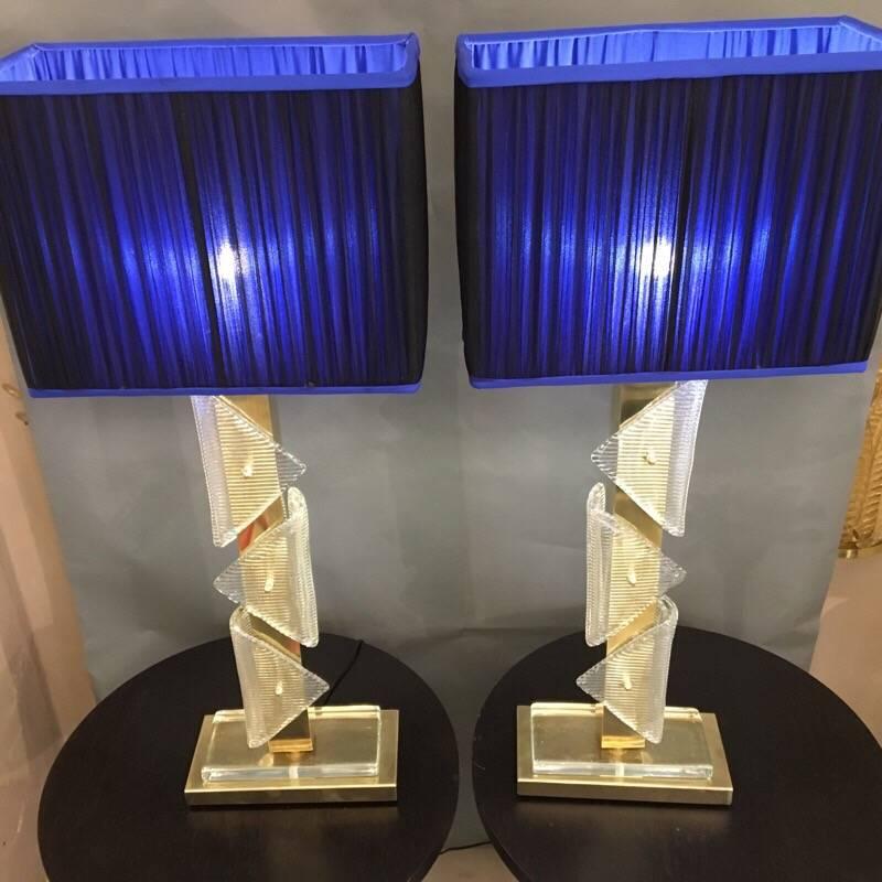 Pair of Murano clear glass and brass lamps with handcrafted double color silk chiffon (royal blue inside and blue black outside) new lampshades.
 