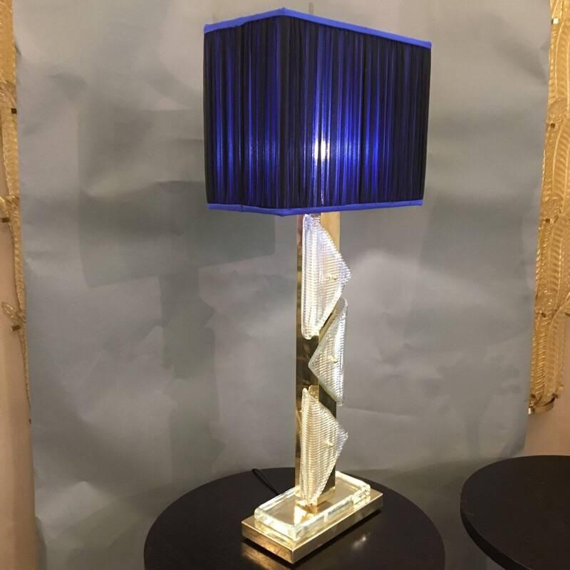 Modern Pair of Italian Murano Clear Glass and Brass Lamps, 1970s