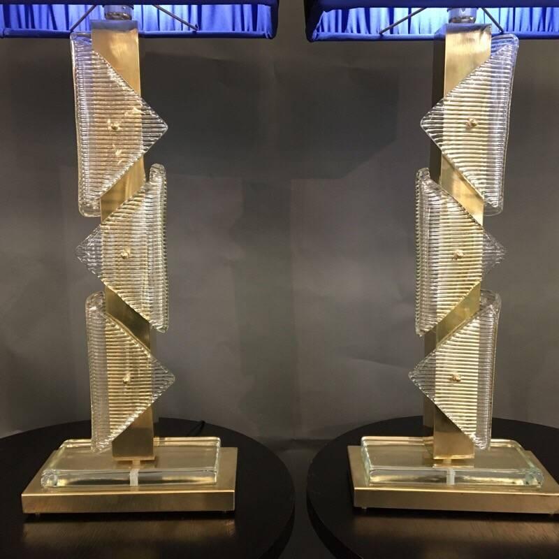 Pair of Italian Murano Clear Glass and Brass Lamps, 1970s In Excellent Condition In Florence, IT