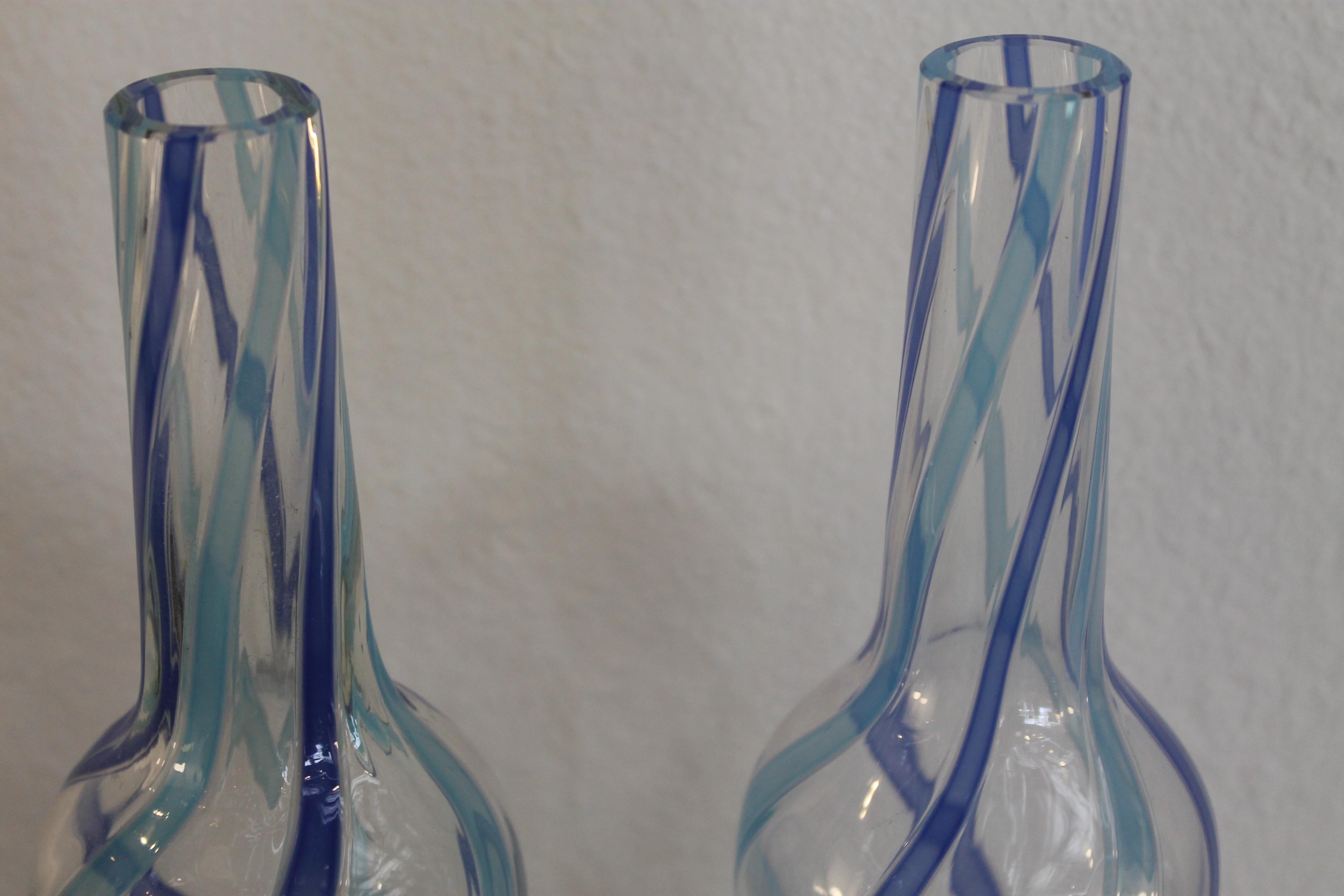 Mid-Century Modern Pair of Fratelli Toso Murano Blue Aqua Stripe Ribbons Italian Art Glass Decanter For Sale