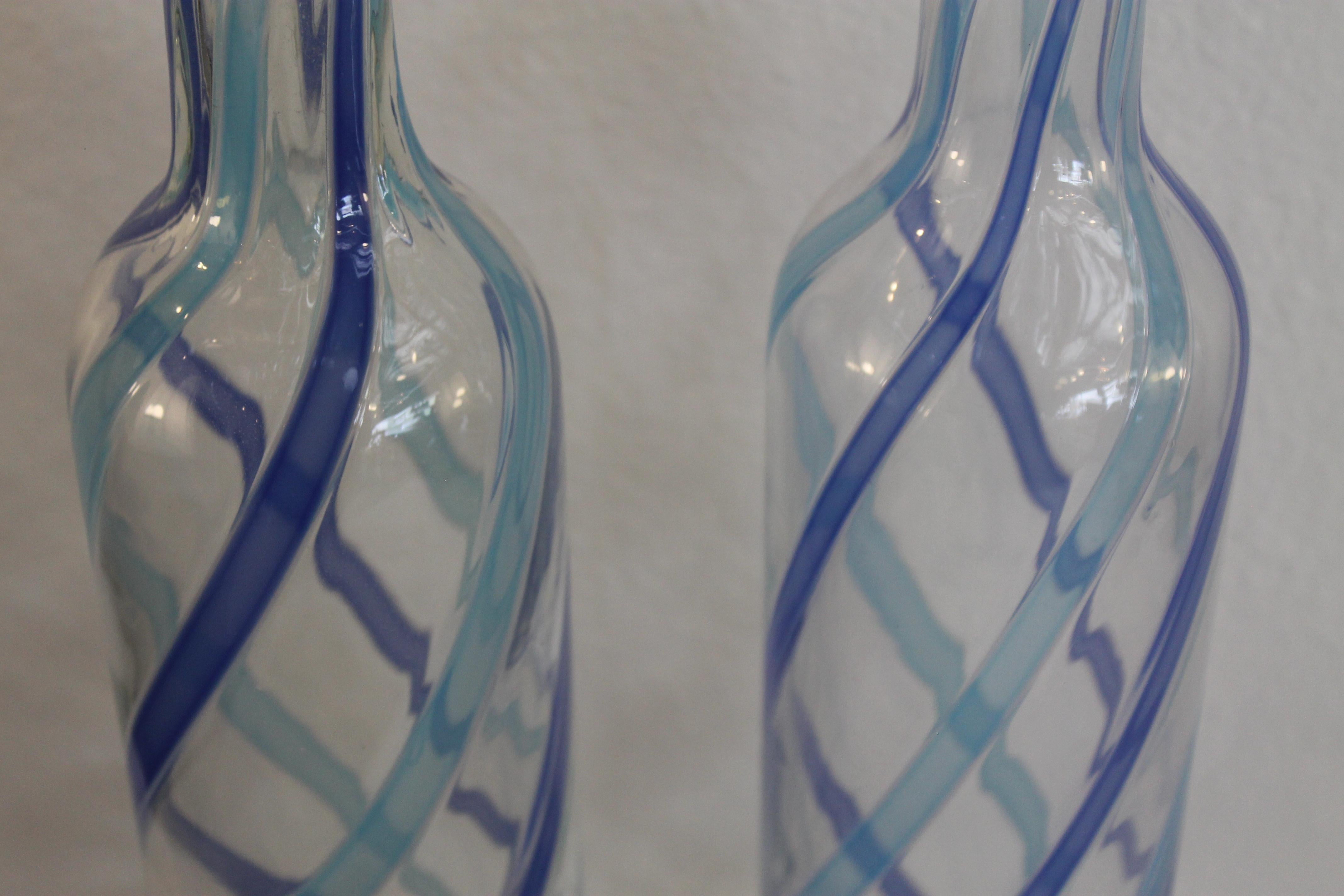 Pair of Fratelli Toso Murano Blue Aqua Stripe Ribbons Italian Art Glass Decanter In Good Condition For Sale In Palm Springs, CA