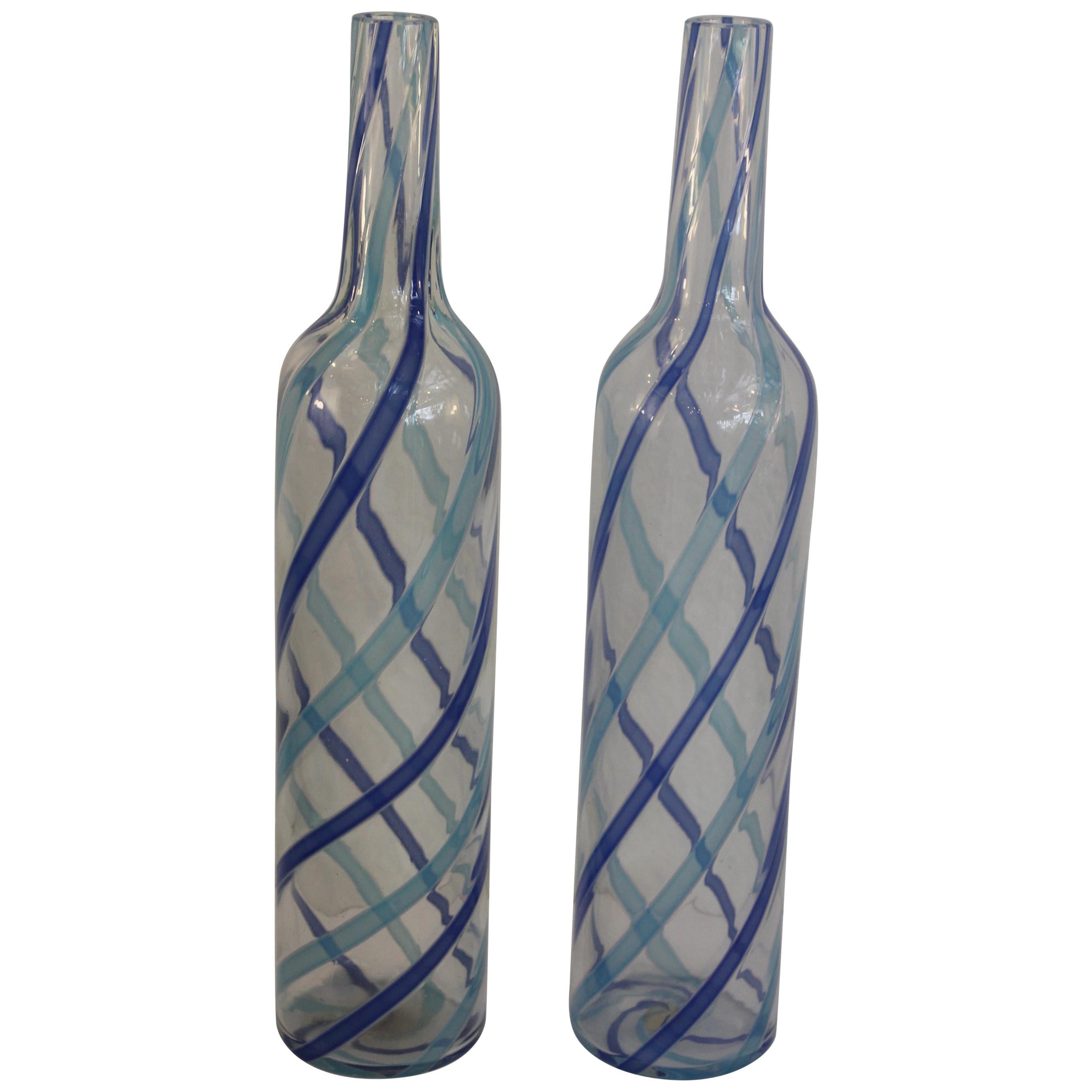 Pair of Fratelli Toso Murano Blue Aqua Stripe Ribbons Italian Art Glass Decanter For Sale