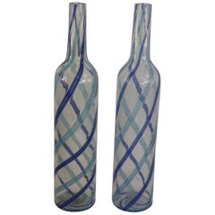 Vintage Pair of Fratelli Toso Murano Blue Aqua Stripe Ribbons Italian Art Glass Decanter