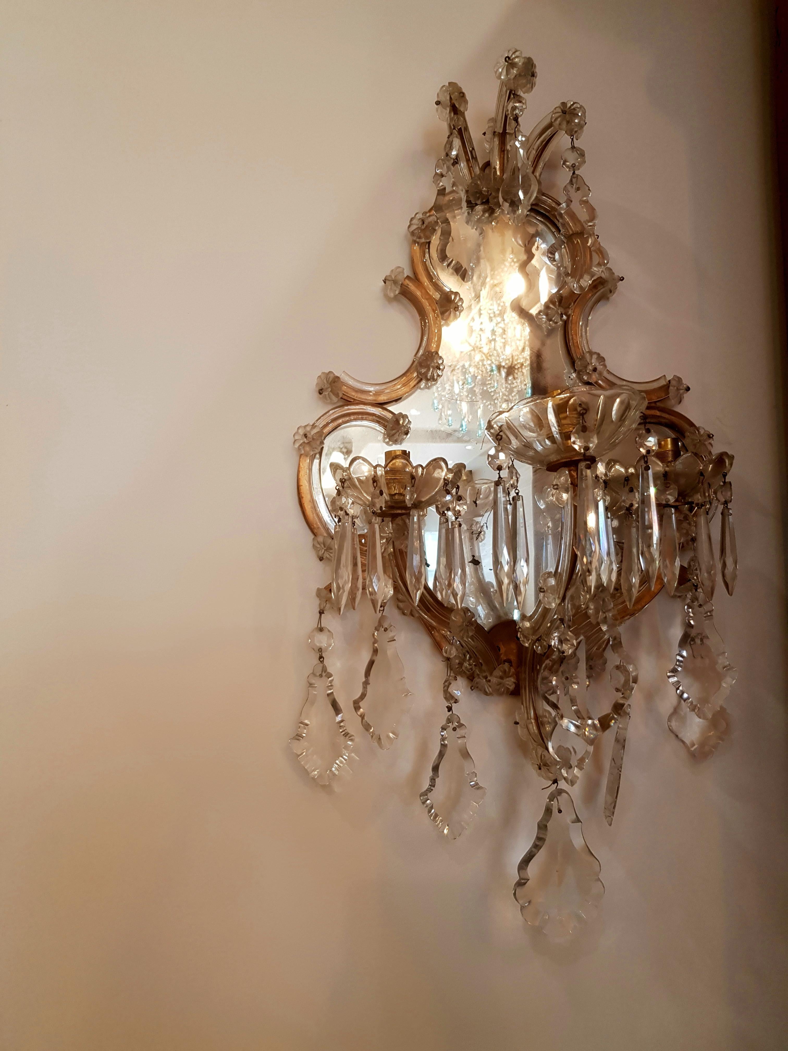 Metal Pair of Italian Murano Crystal Drop Wall Sconces in the Style of Maria Theresa