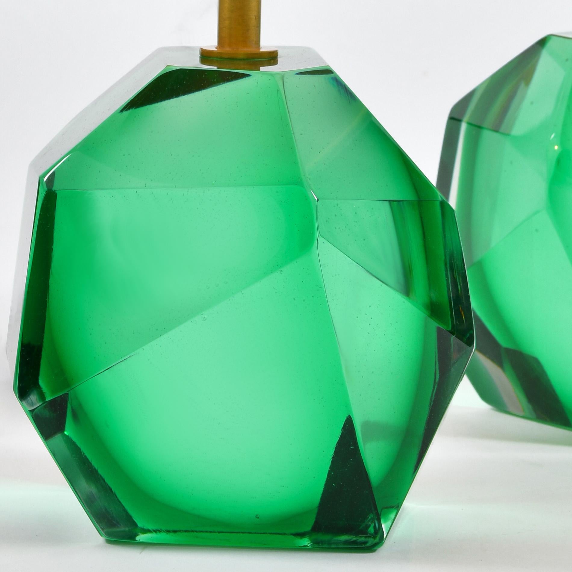 Pair of Italian Murano Emerald 'Rock' Table Lamps For Sale 1